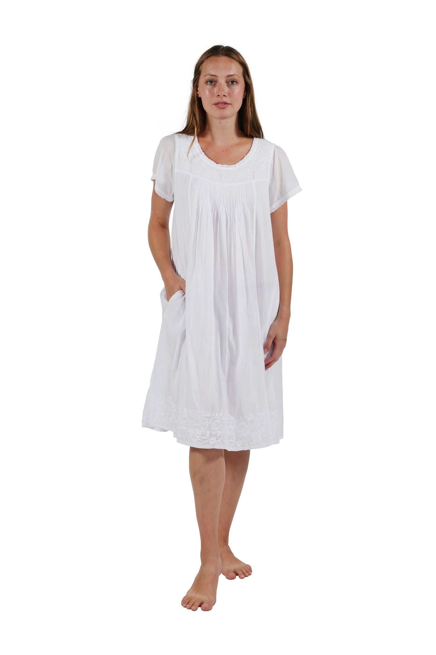 Cap Sleeve 100% Cotton White Embroidered Gown - La Cera