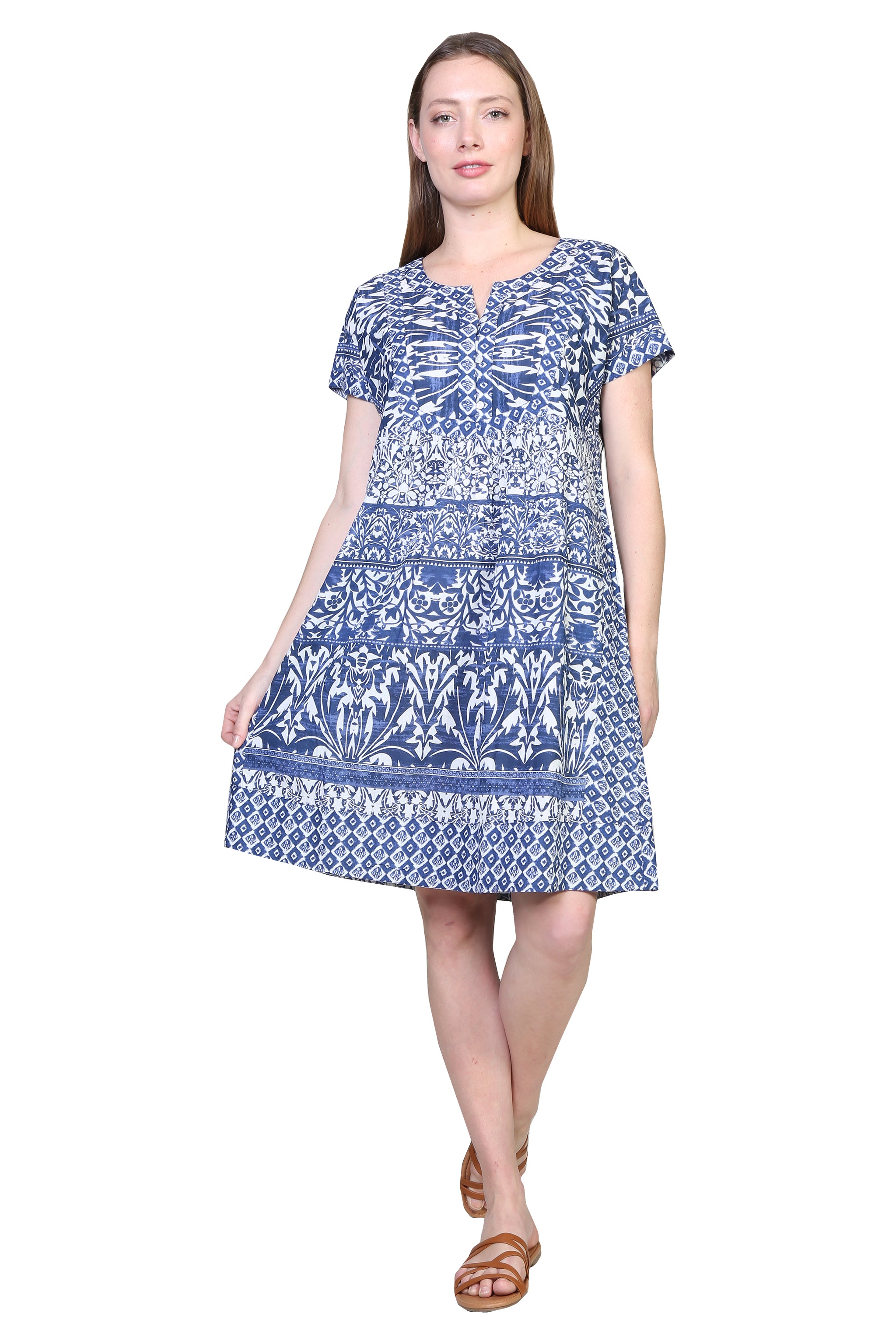 La Cera Short Sleeve Indigo Print Cotton Chemise - La Cera