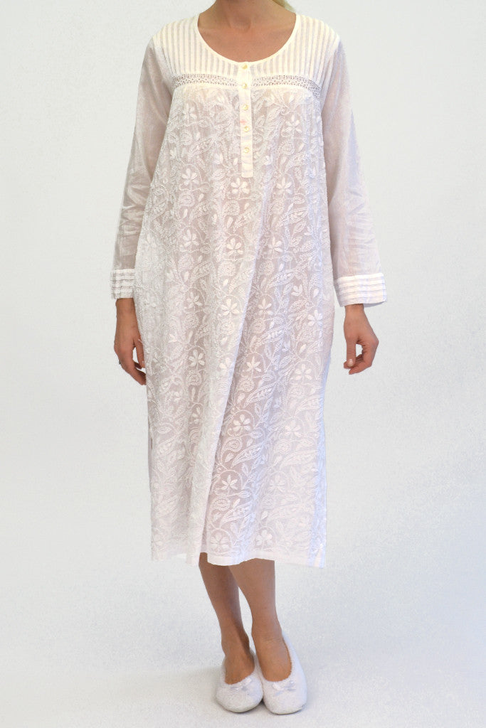 La Cera Long Sleeve White Embroidered Gown - La Cera - 1