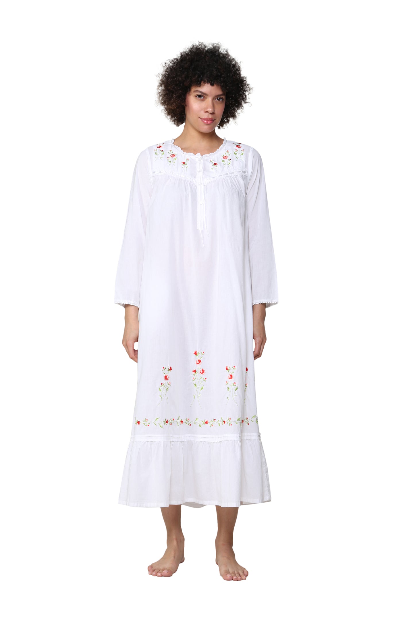 100% Cotton Embroidered Long Sleeve Gown - La Cera