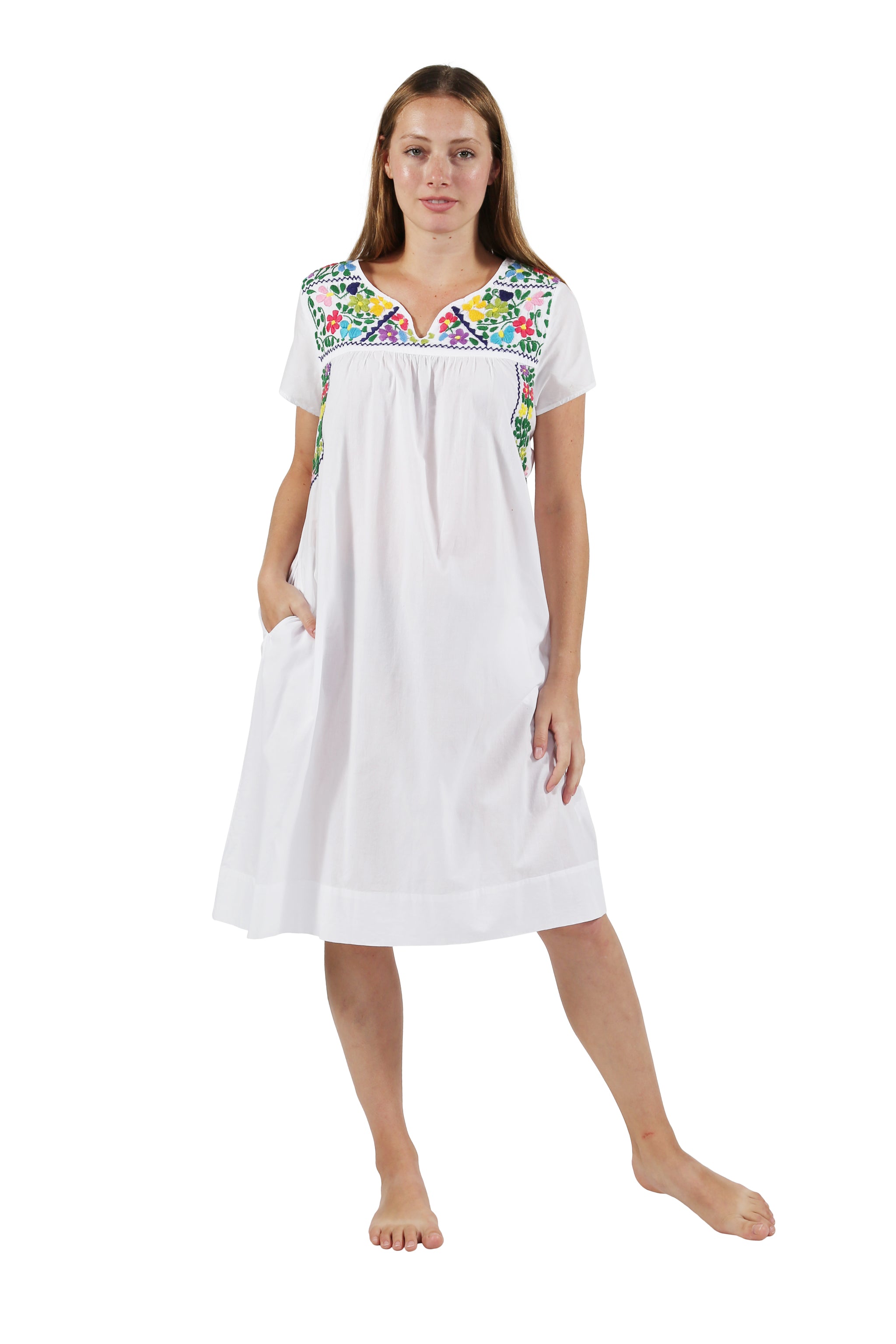 100% Cotton Cap Sleeve Embroidered Dress - La Cera