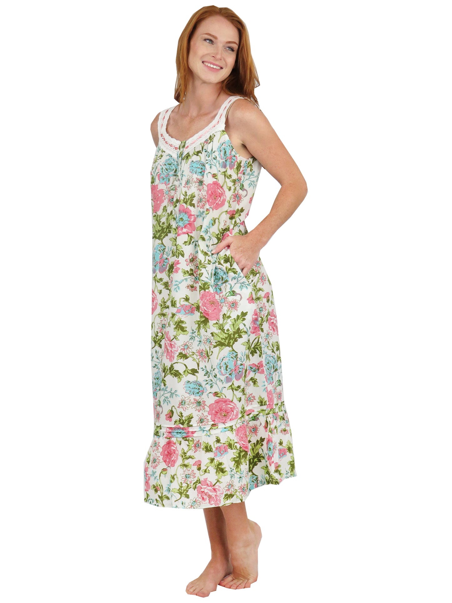 Lace trimmed 100% Cotton English Garden Print Gown - La Cera