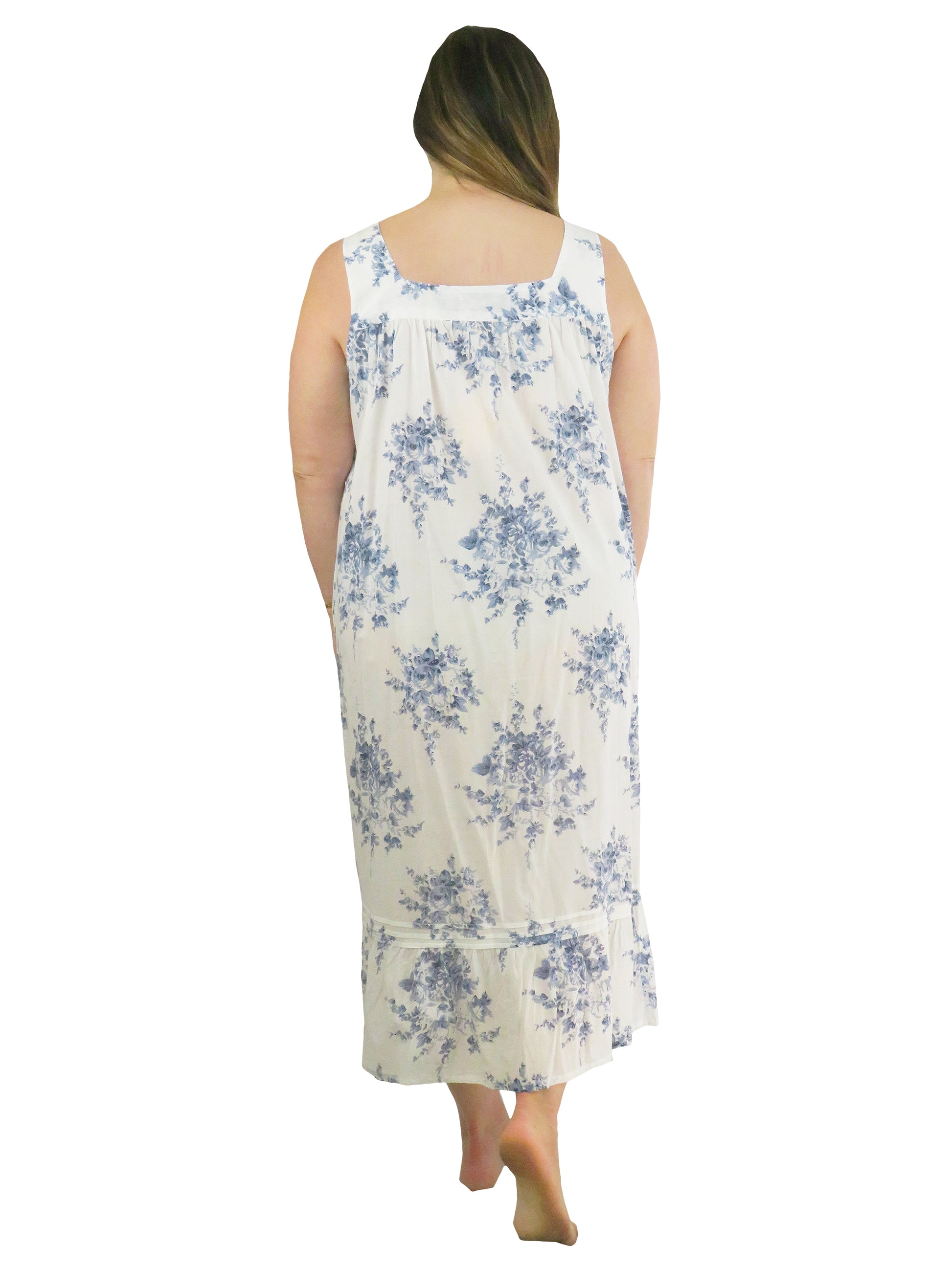 Plus Size 100% Cotton Lace Trim Flounce Gown- Blue and White Floral Print - La Cera