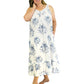 Plus Size 100% Cotton Lace Trim Flounce Gown- Blue and White Floral Print - La Cera