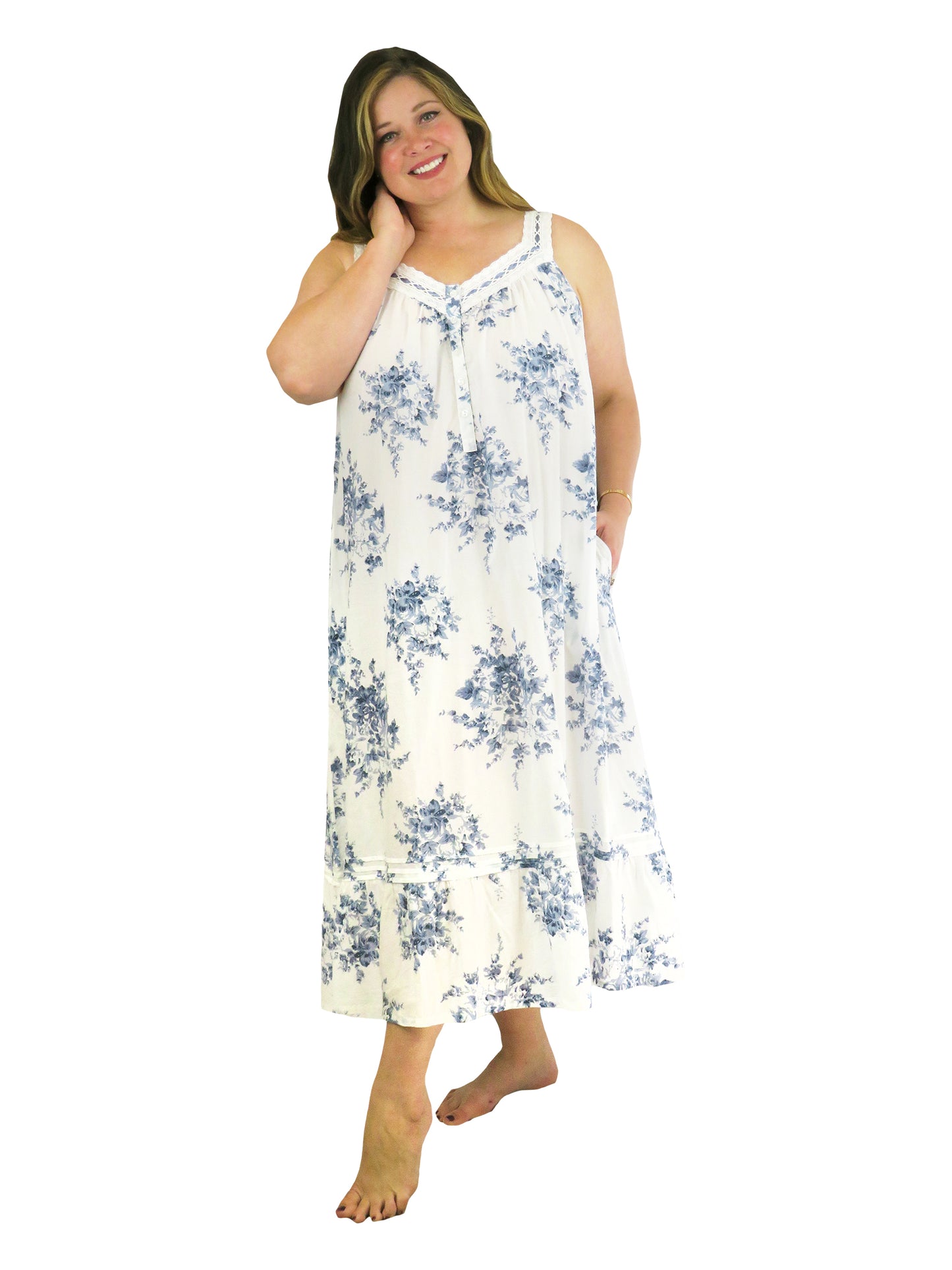 Plus Size 100% Cotton Lace Trim Flounce Gown- Blue and White Floral Print - La Cera