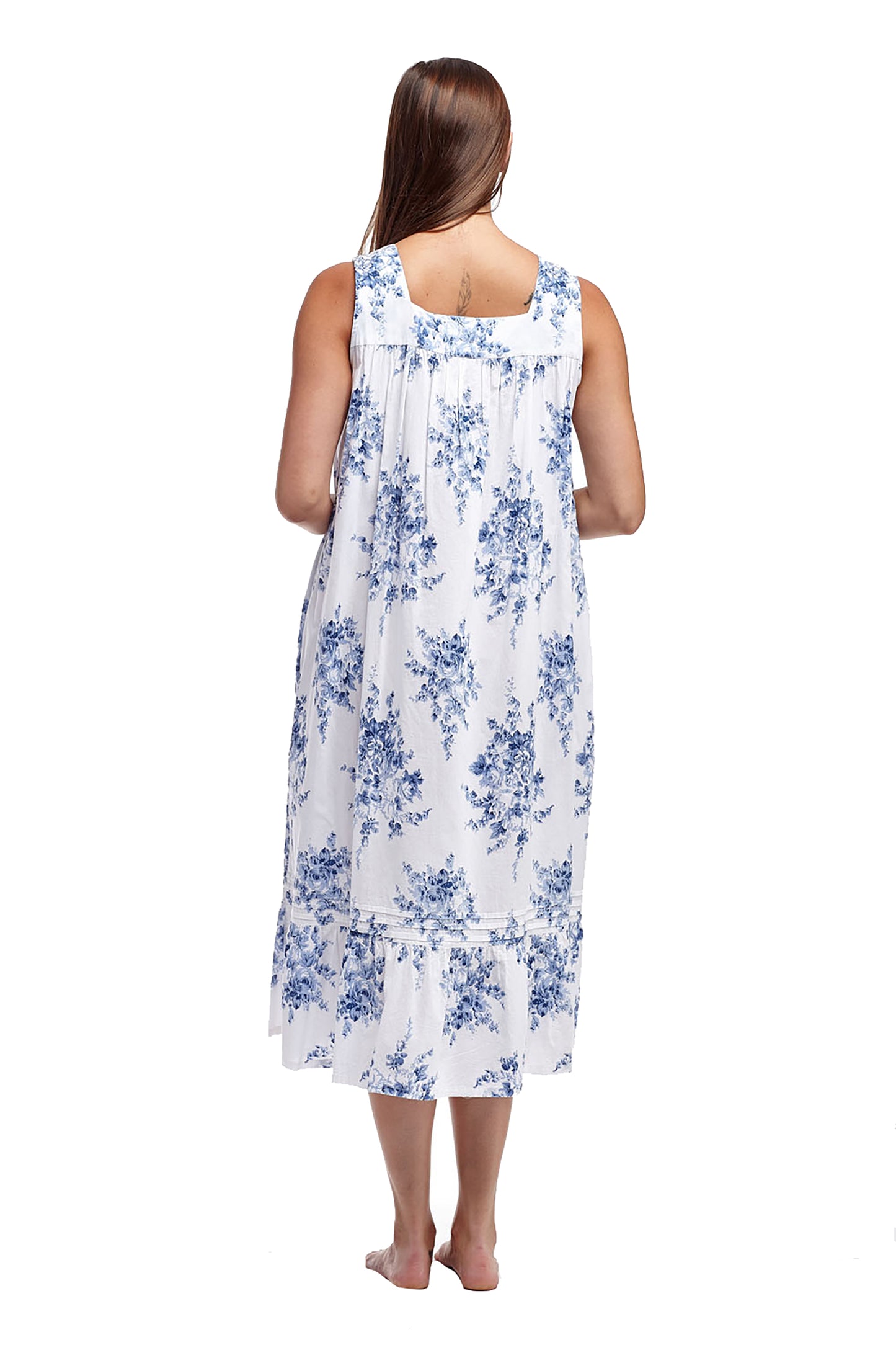 100% Cotton Lace Trim Flounce Gown- Blue and White Floral Print - La Cera