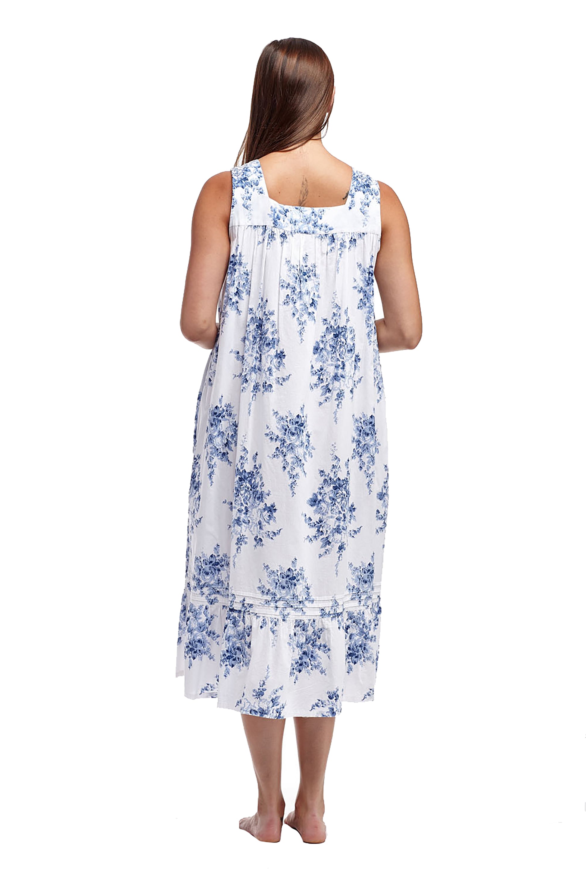 100% Cotton Lace Trim Flounce Gown- Blue and White Floral Print - La Cera