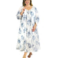 Plus Size 100% Cotton Lace Trim Flounce Robe Gown- Blue and White Floral Print - La Cera