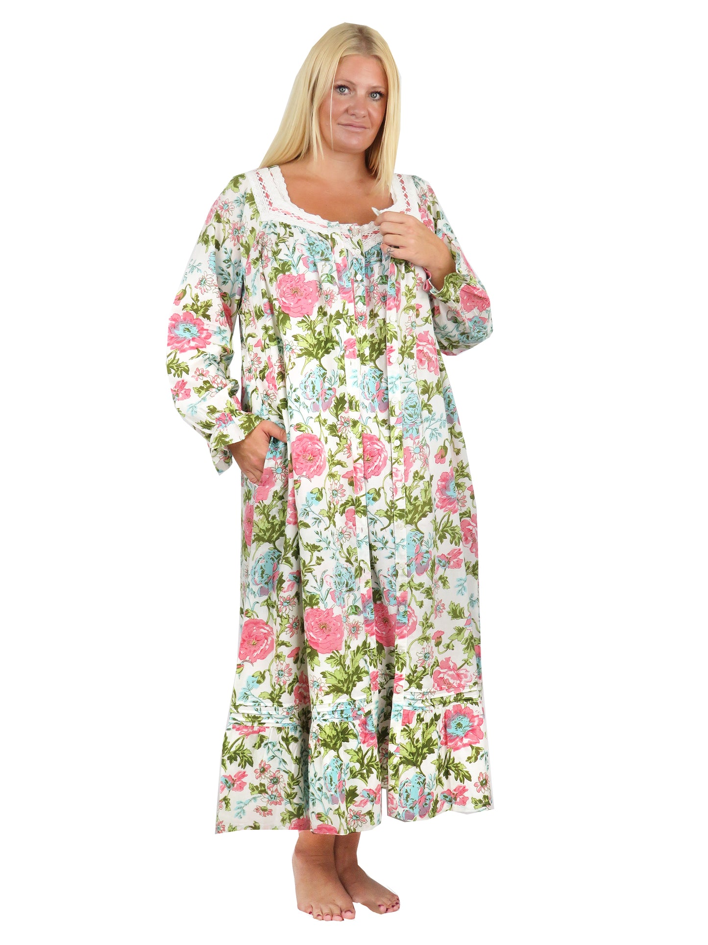 Plus Size Lace Trimmed English Garden Print Button Front Robe Gown