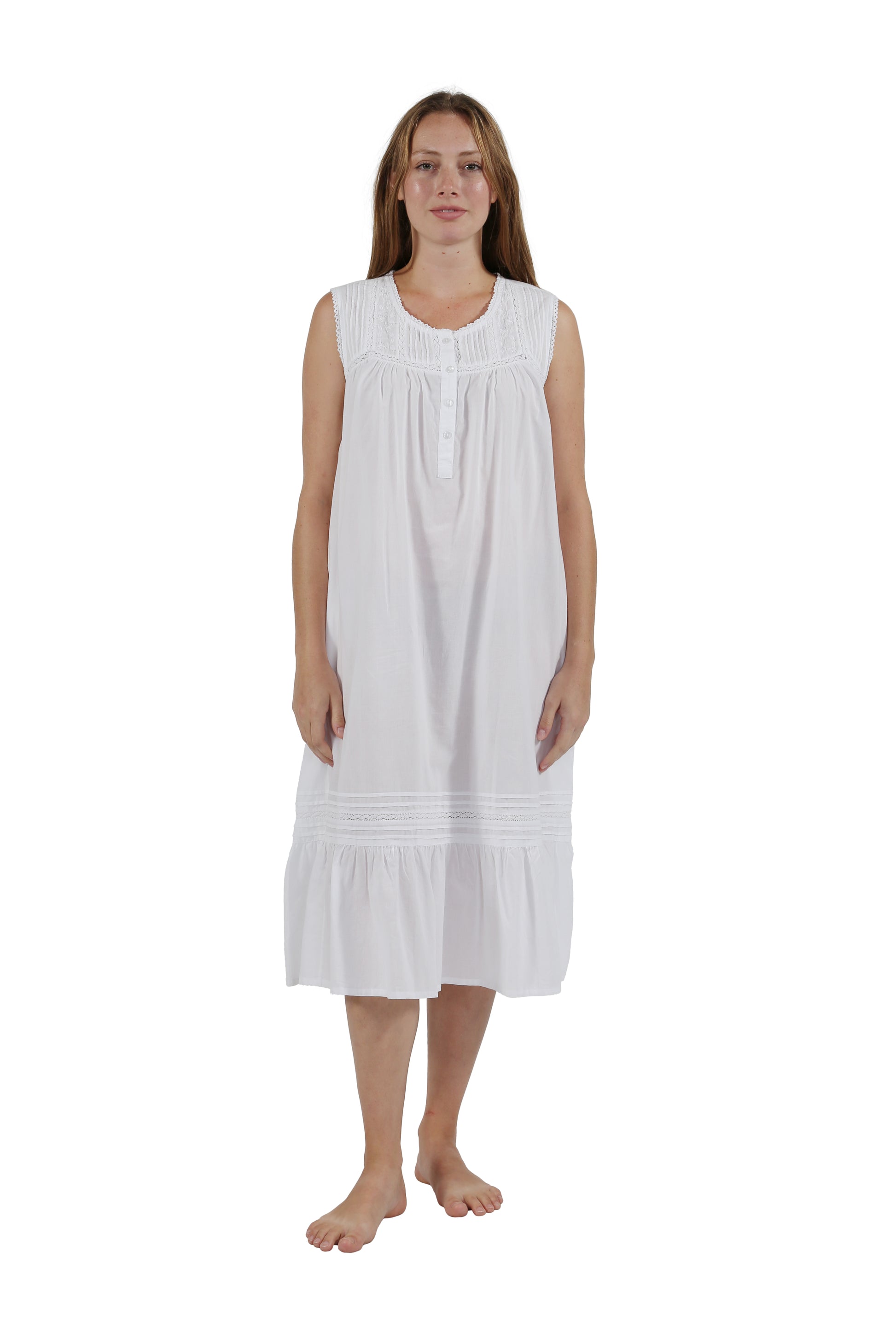 100% Cotton Embroidered Scoop Neck Gown - La Cera