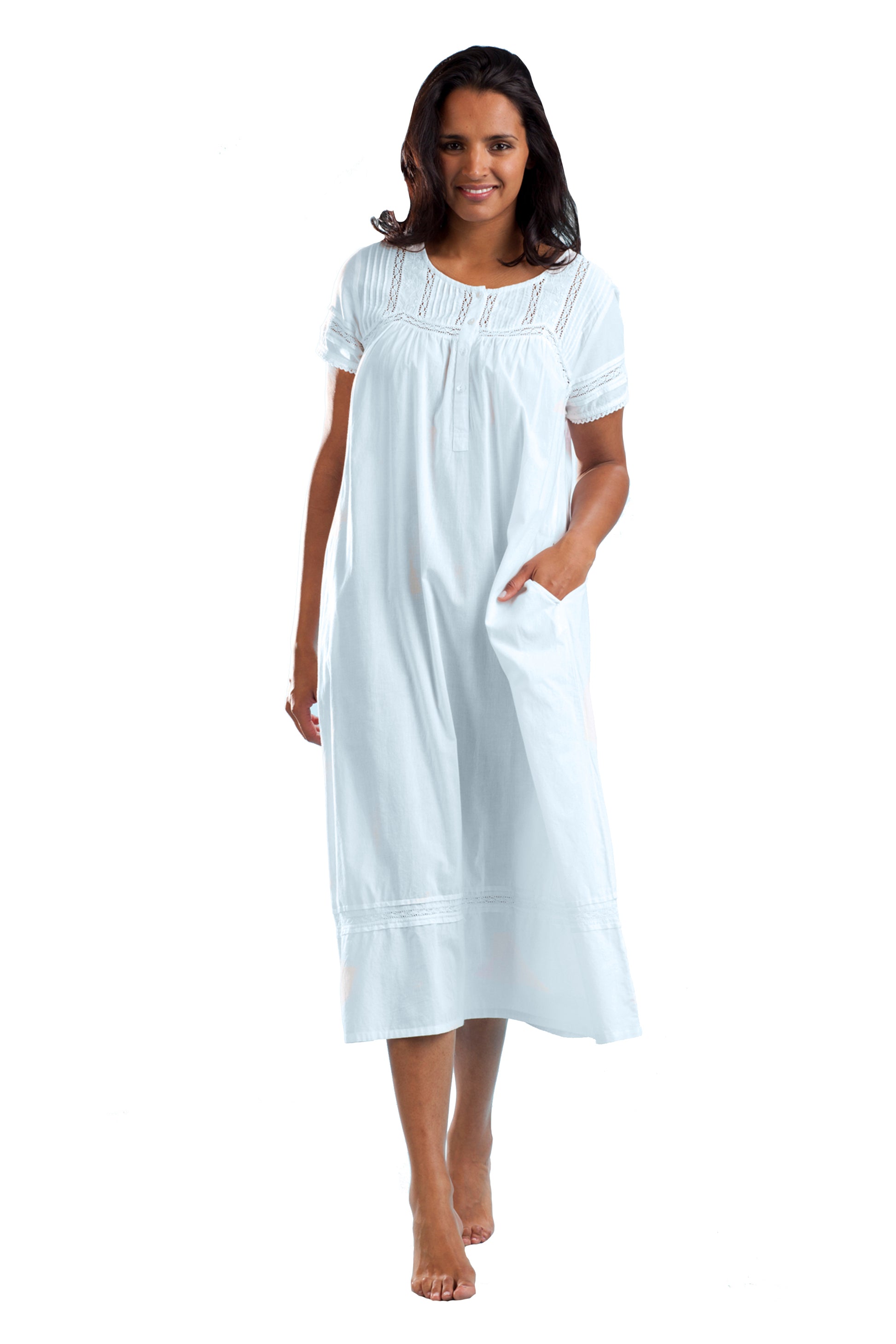 100% Cotton Cap Sleeve Embroidered Gown - La Cera