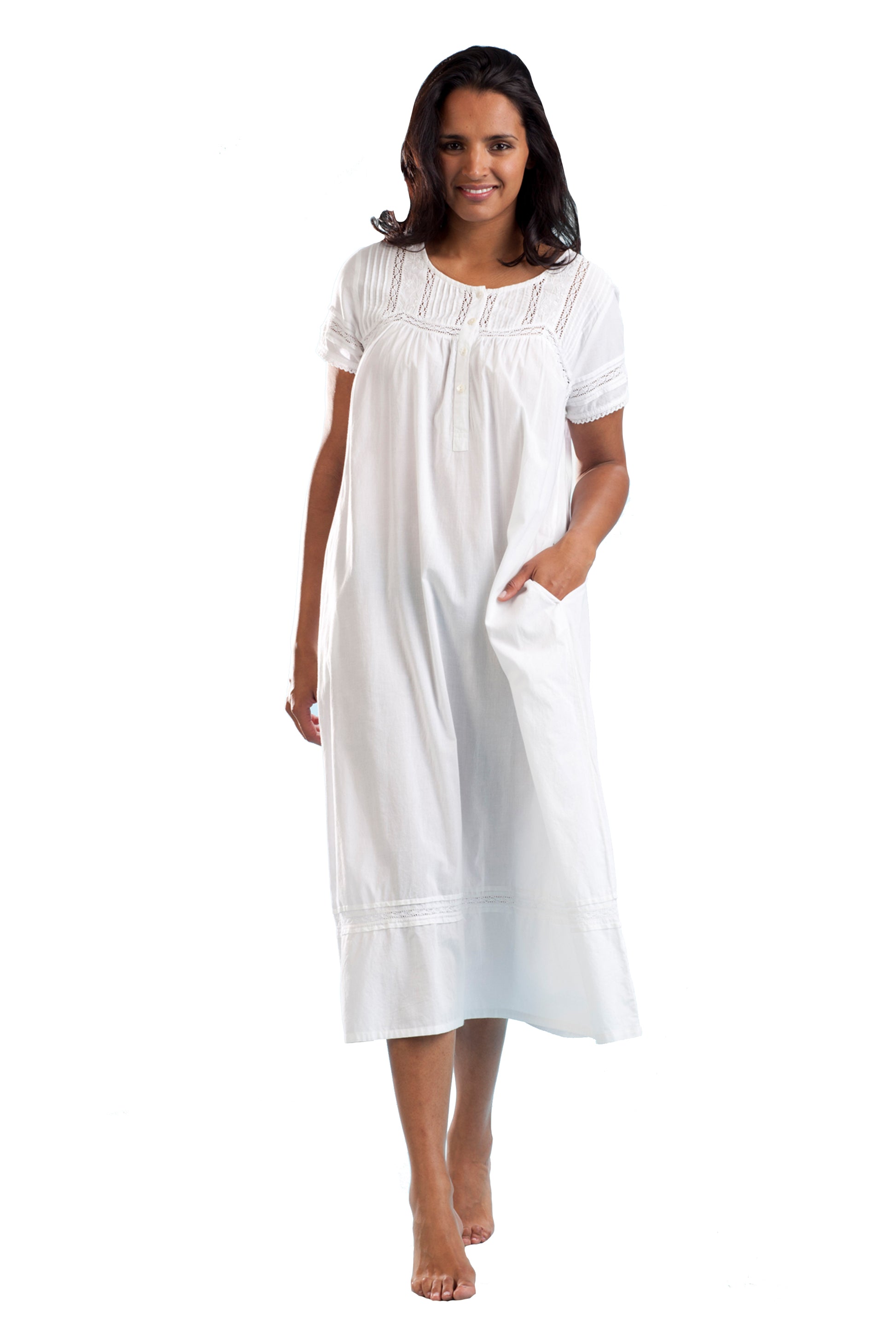 100% Cotton Cap Sleeve Embroidered Gown - La Cera