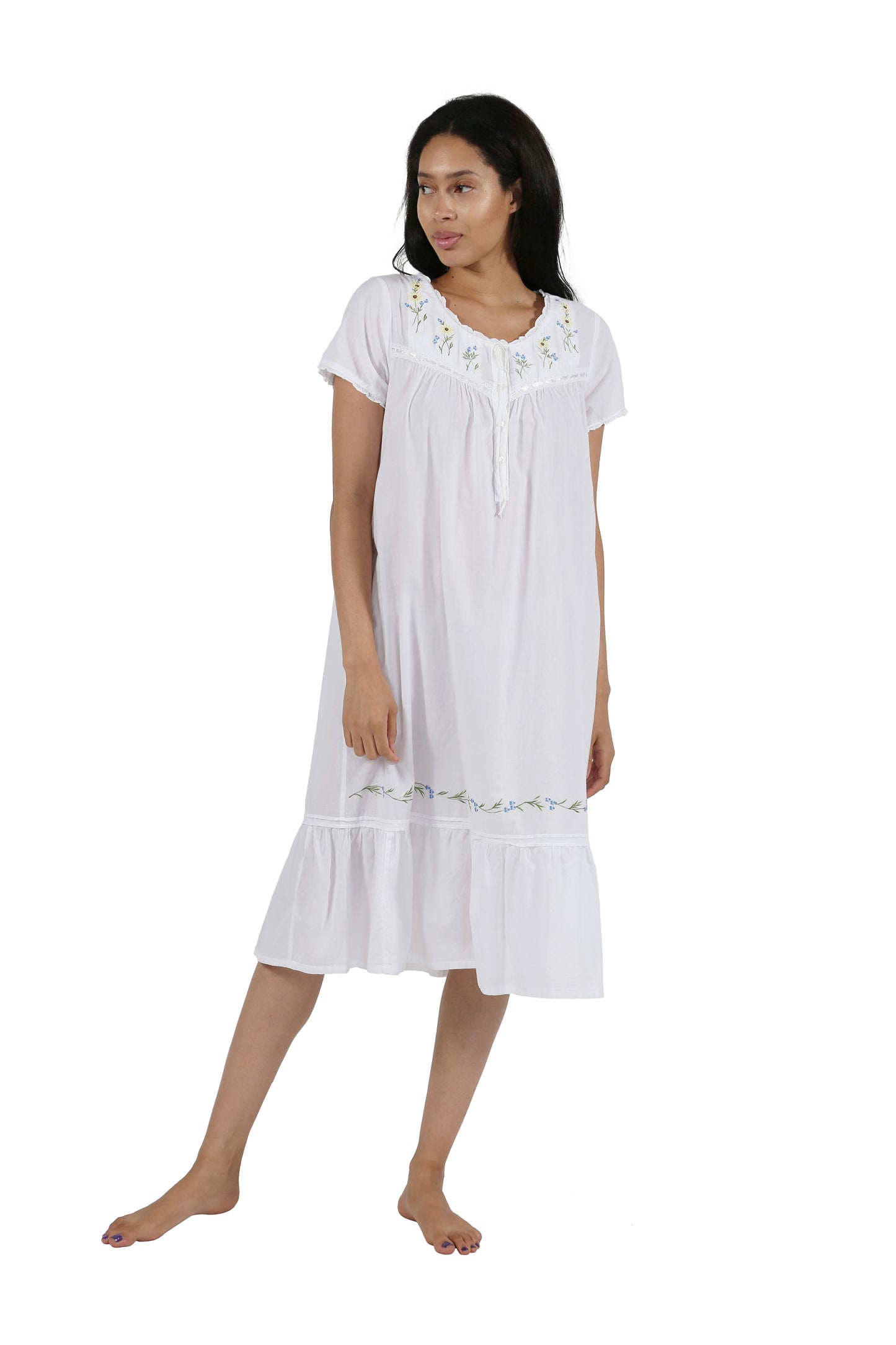 100% Cotton Short Sleeve Embroidered Gown - La Cera