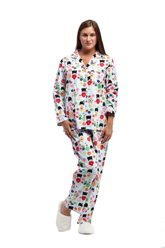 La Cera Long Sleeve Printed Flannel Pajama Set - La Cera