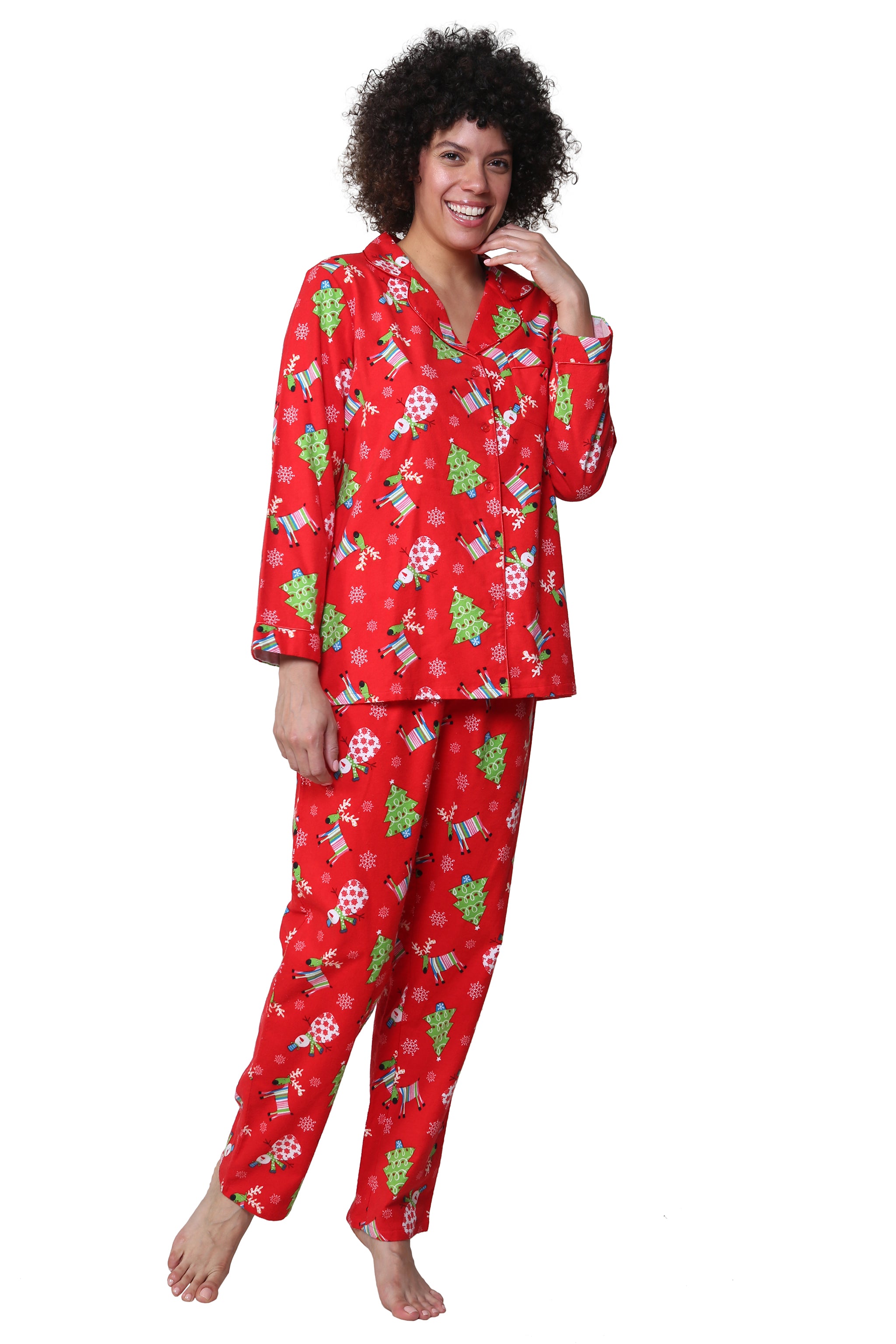 Flannel Red Reindeer Print Pajama Set - La Cera