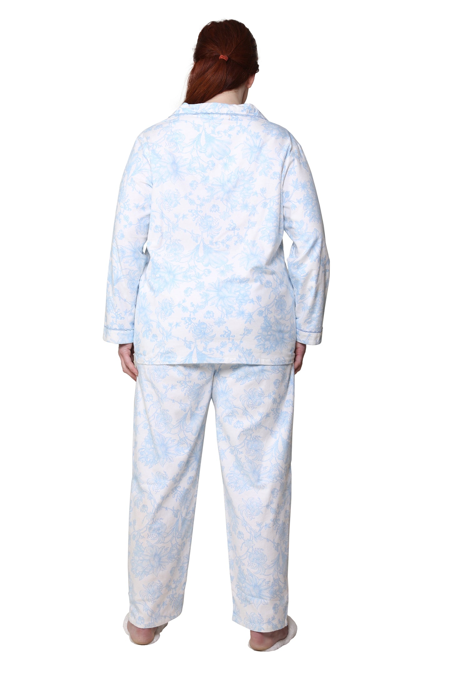 Blue Floral Flannel Long Sleeve Plus Size Pajama Set - La Cera
