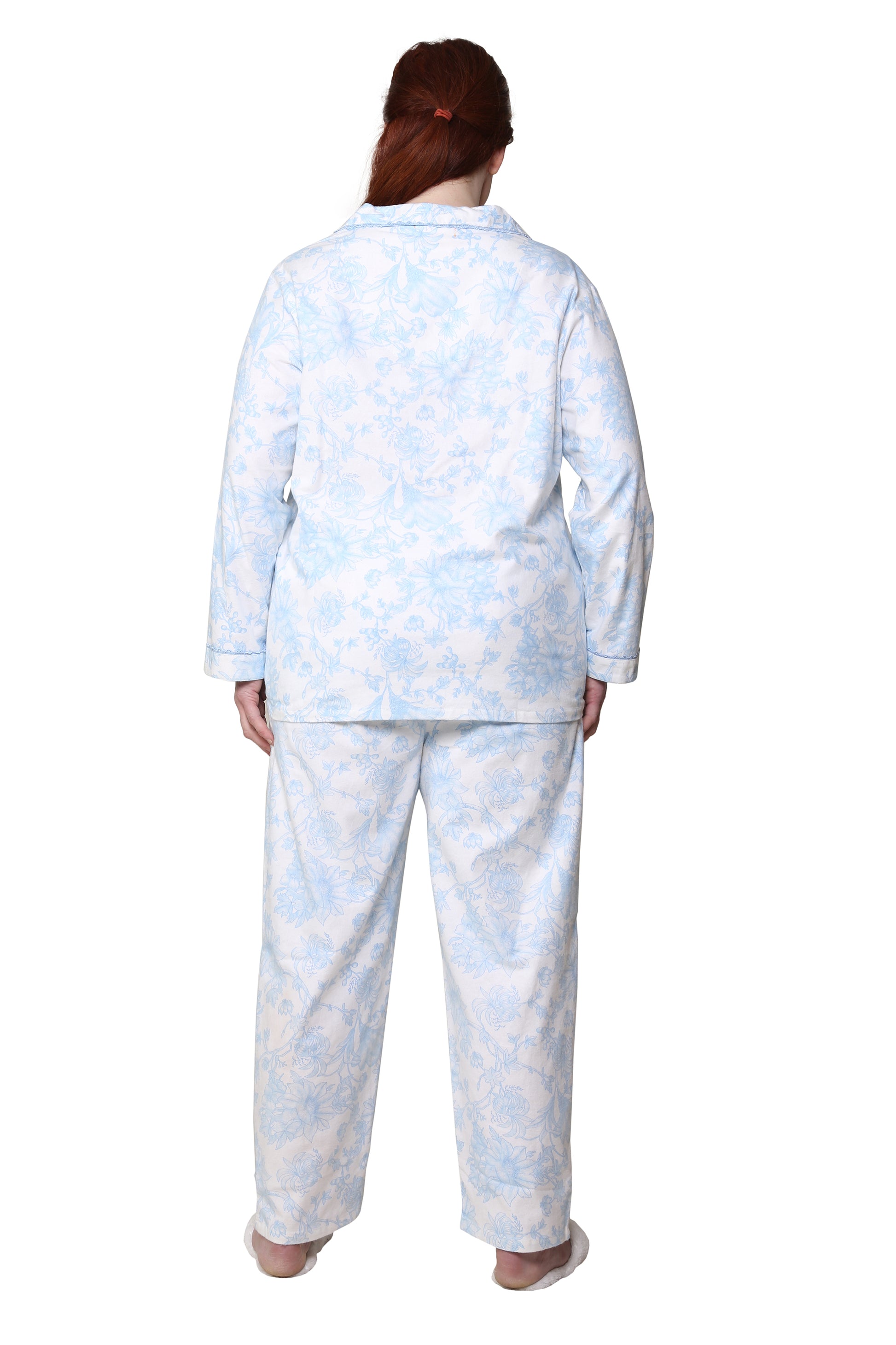Blue Floral Flannel Long Sleeve Plus Size Pajama Set - La Cera