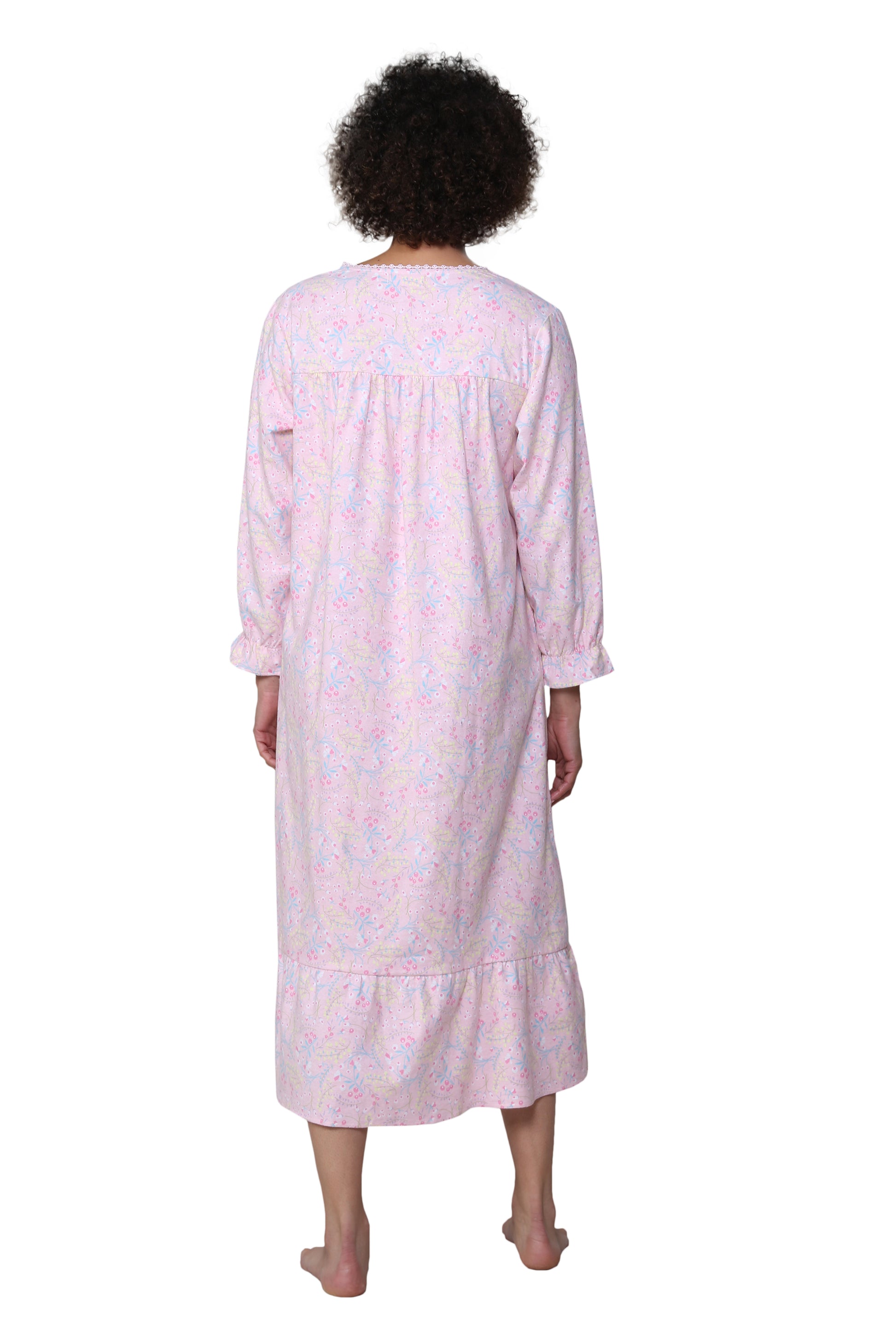 Lace Trimmed Cotton Flannel Wispy Floral Night Gown - La Cera