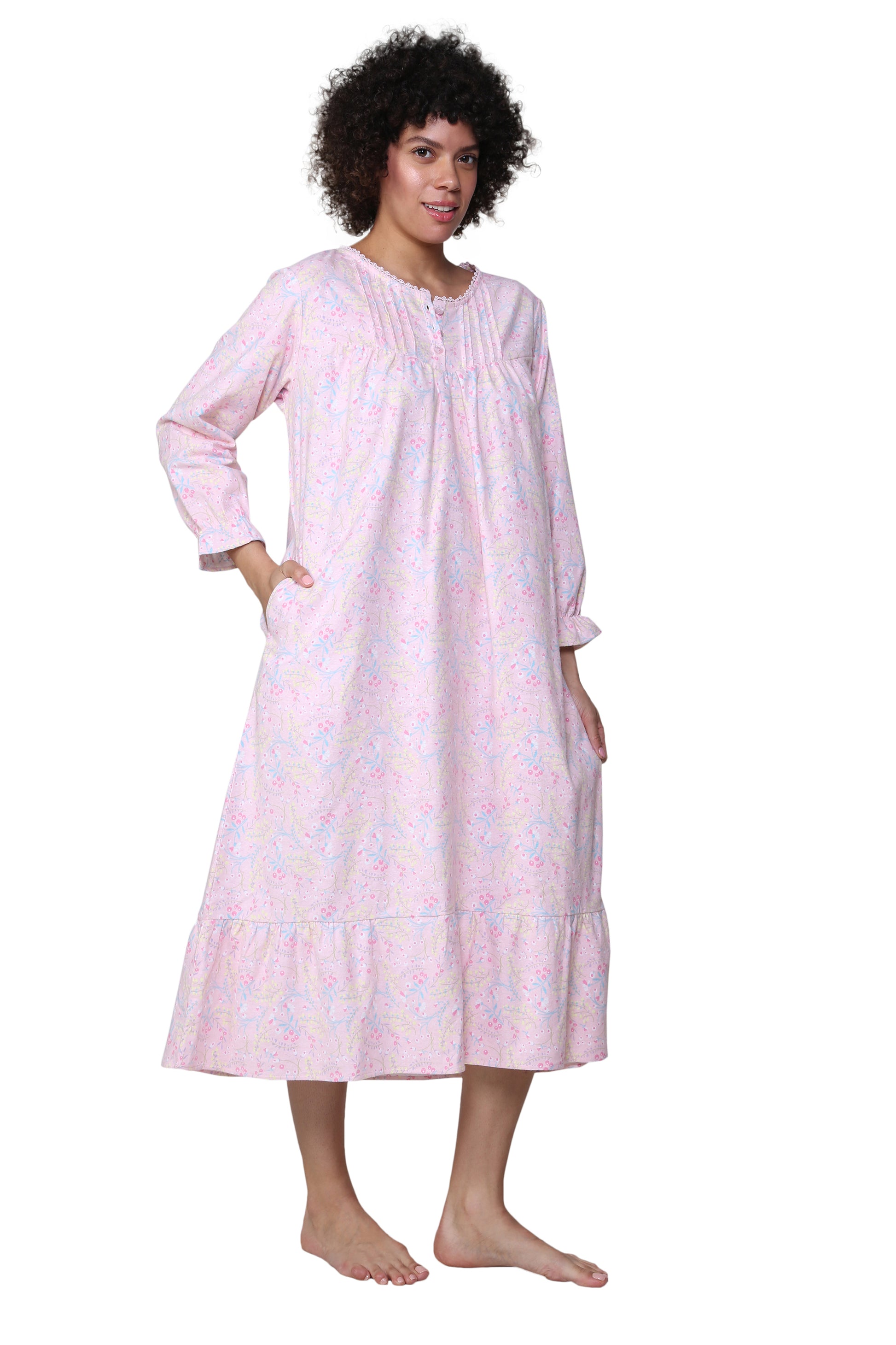 Lace Trimmed Cotton Flannel Wispy Floral Night Gown - La Cera