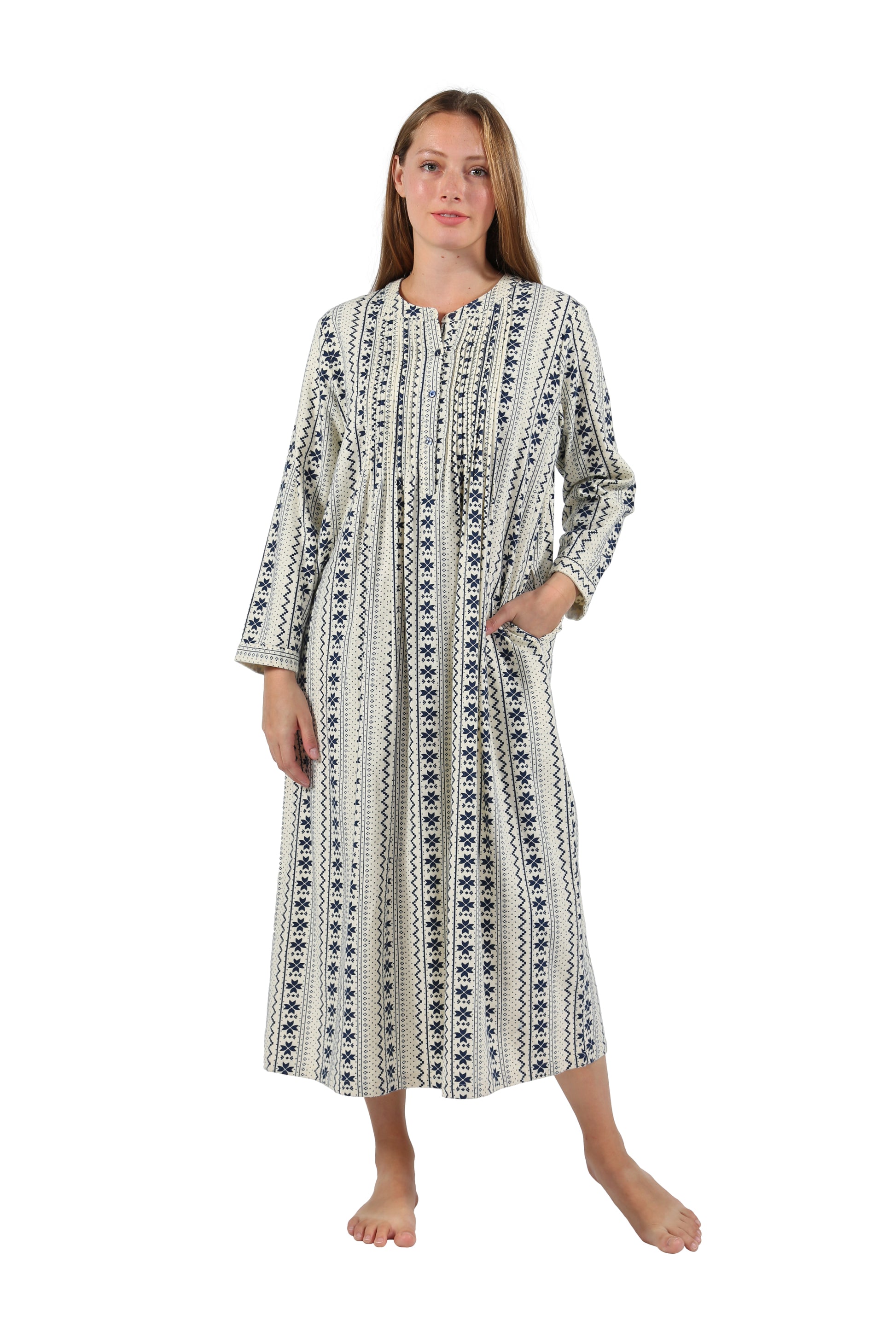 Printed Flannel Nightgown With Release Pleats - La Cera