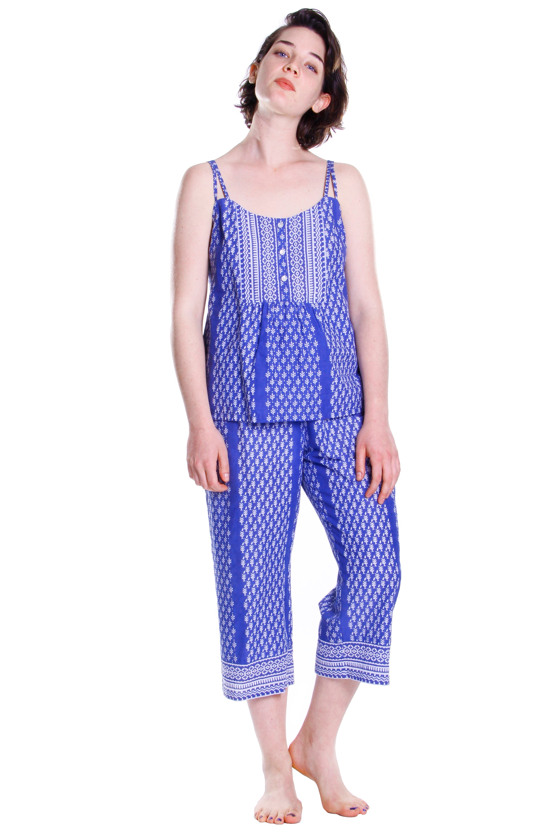 Blue Batik Print Cotton Capri Pajamas - La Cera