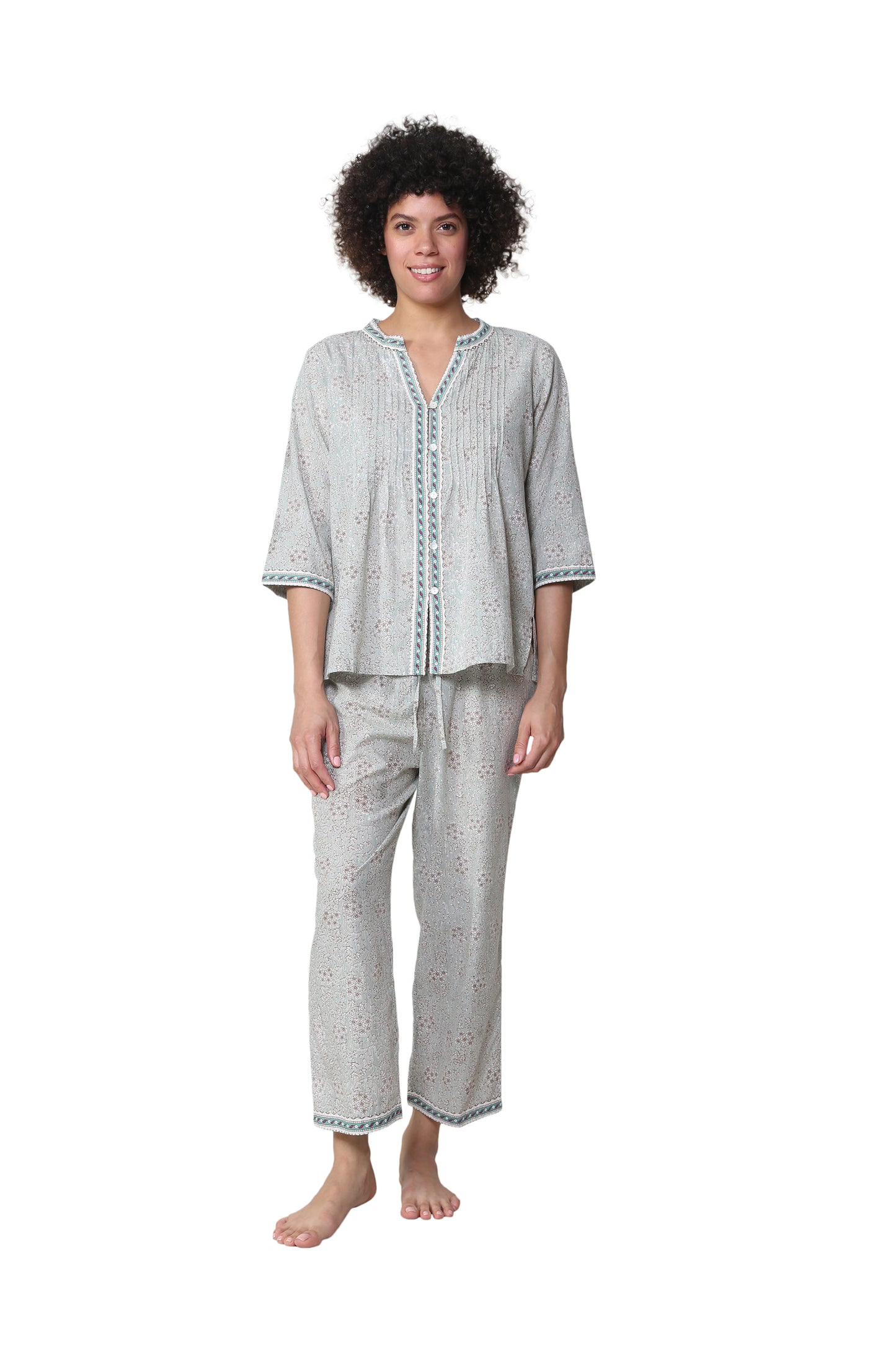 La Cera 3/4 Sleeve Pleat Front Capri Pajama Set - La Cera