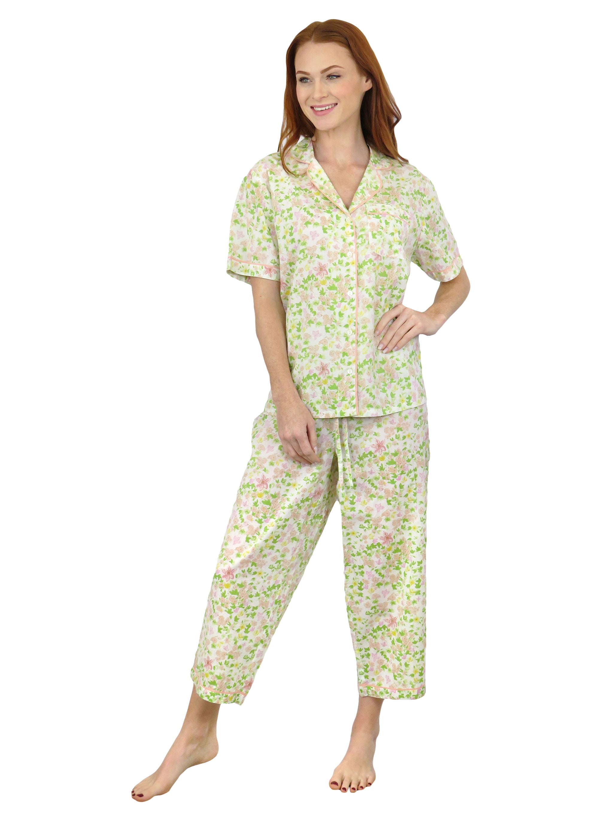 La Cera Short Sleeve Lime Floral Cotton Pajama Set - La Cera
