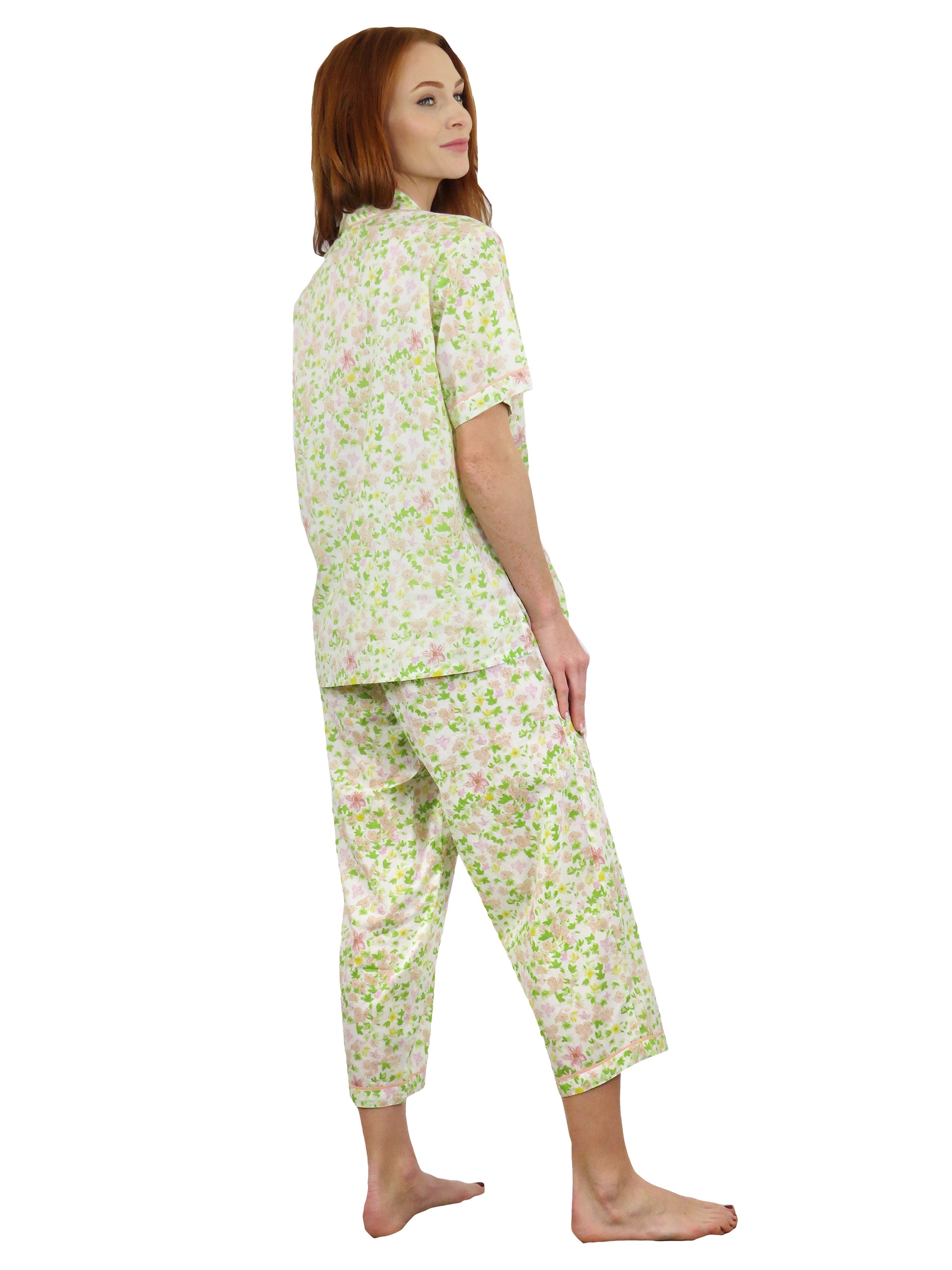 La Cera Short Sleeve Lime Floral Cotton Pajama Set - La Cera