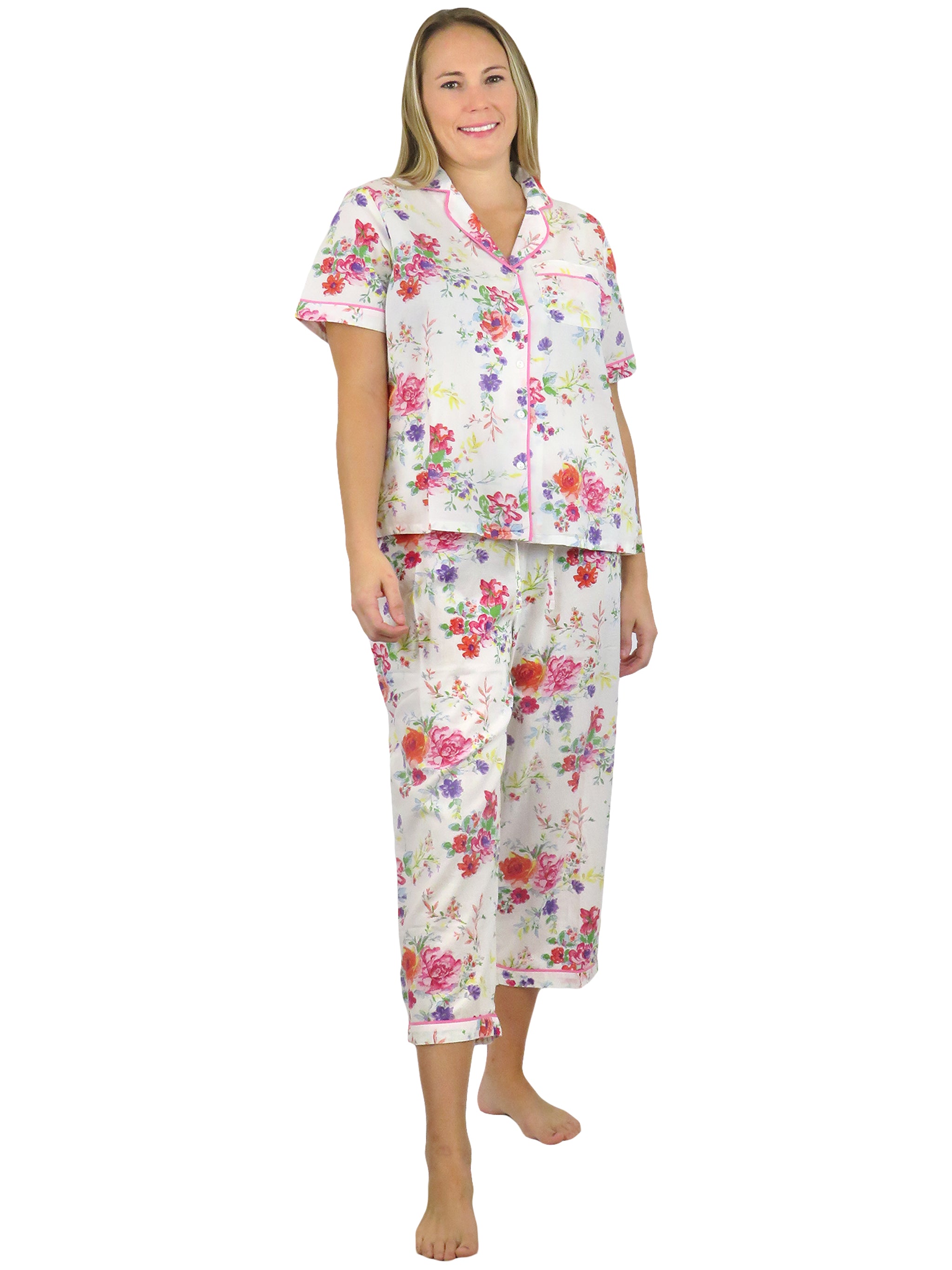 La Cera Short Sleeve Floral Cotton Pajama Set - La Cera
