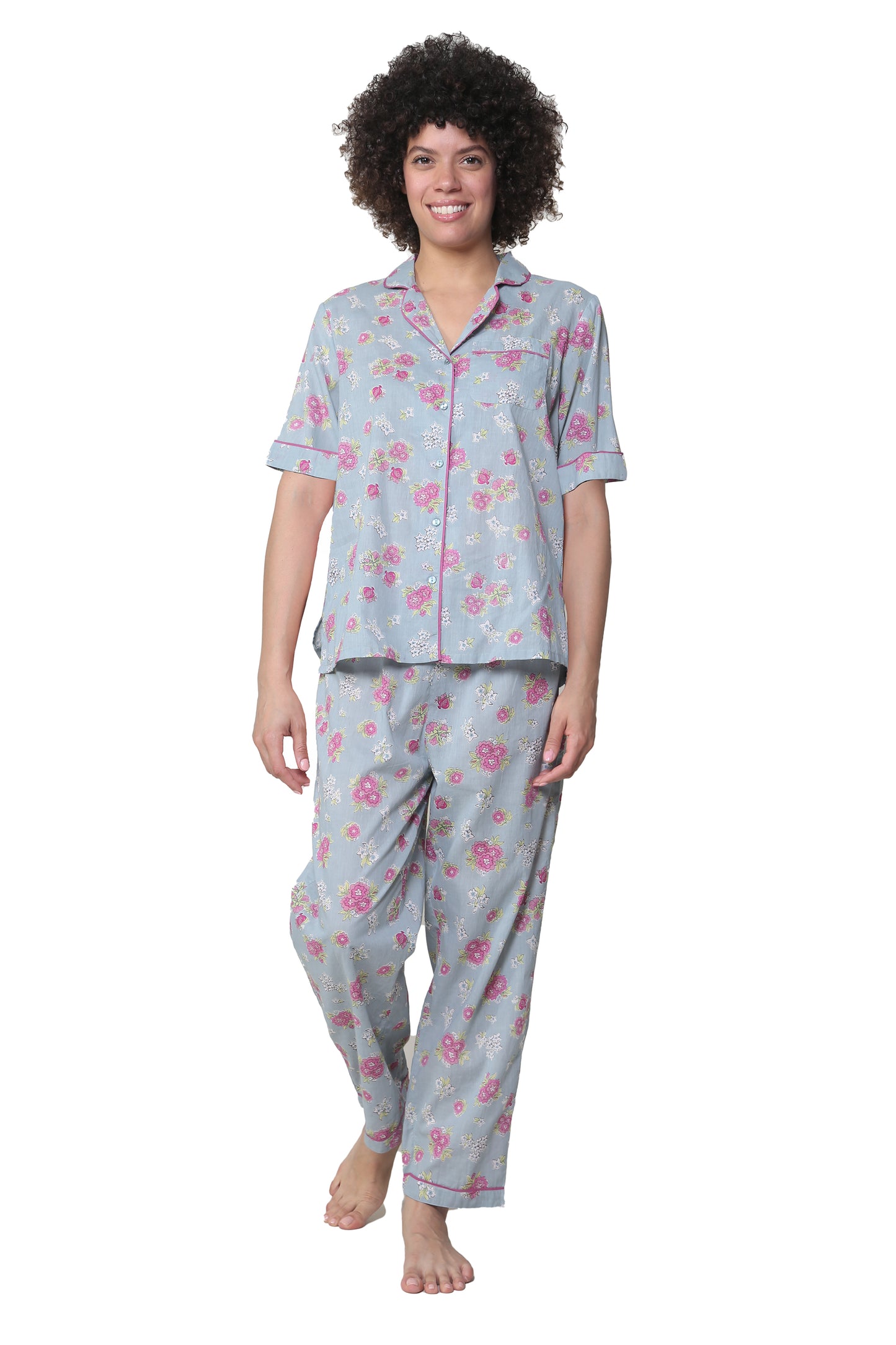 La Cera Short Sleeve Floral Cotton Pajama Set - La Cera