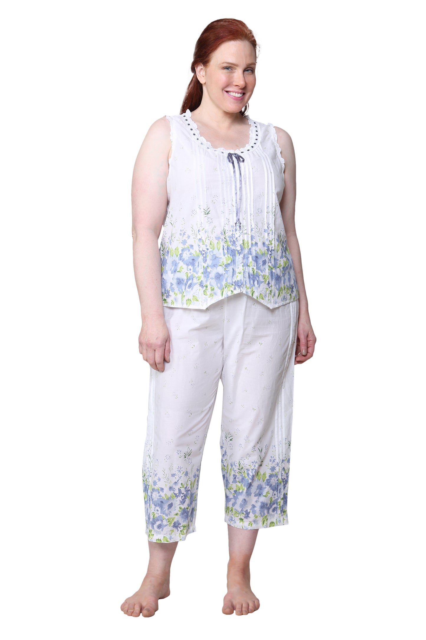 Border Print Sleeveless 100% Cotton Floral  Plus Size PJs - La Cera