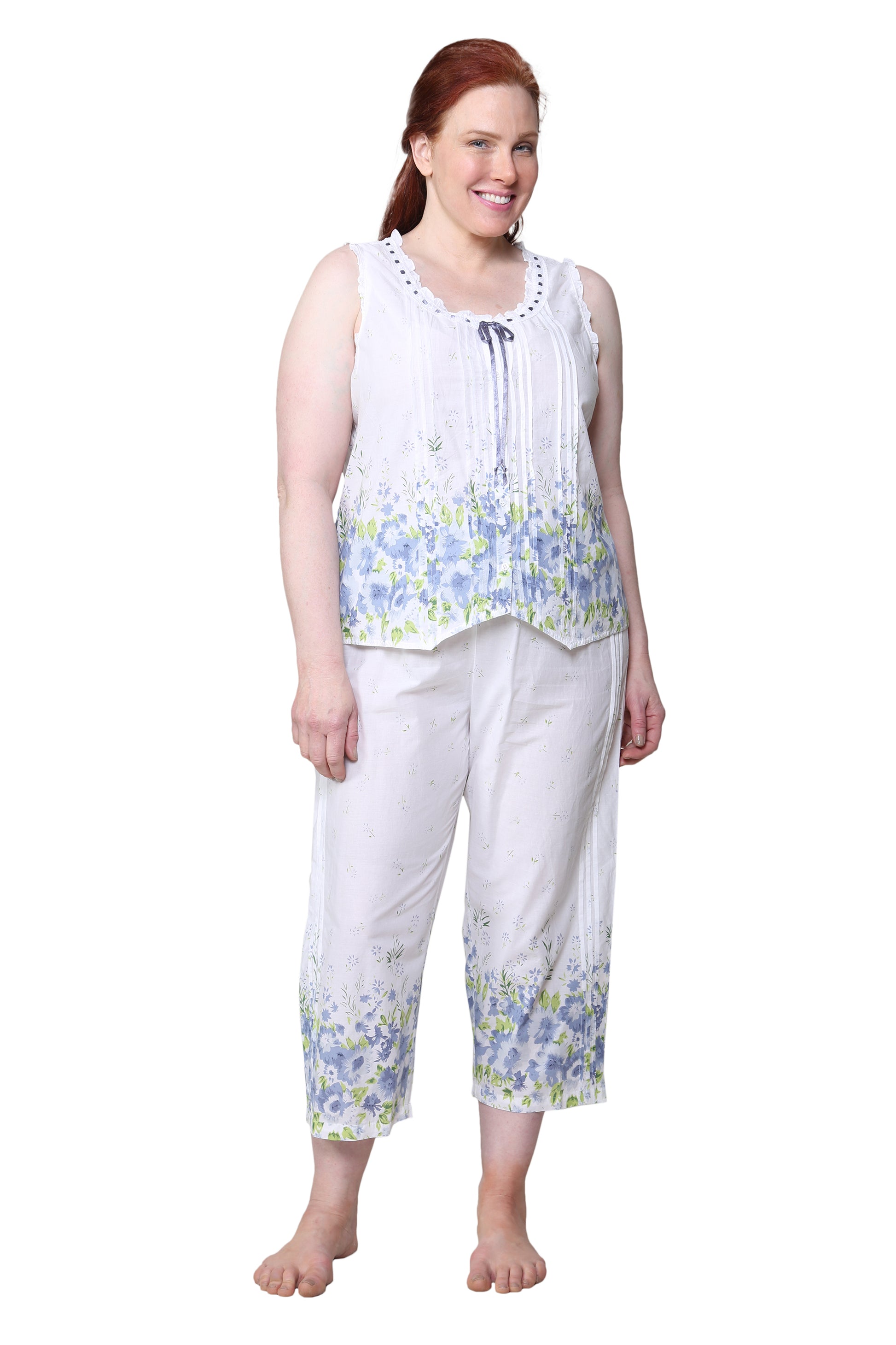 Border Print Sleeveless 100% Cotton Floral  Plus Size PJs - La Cera