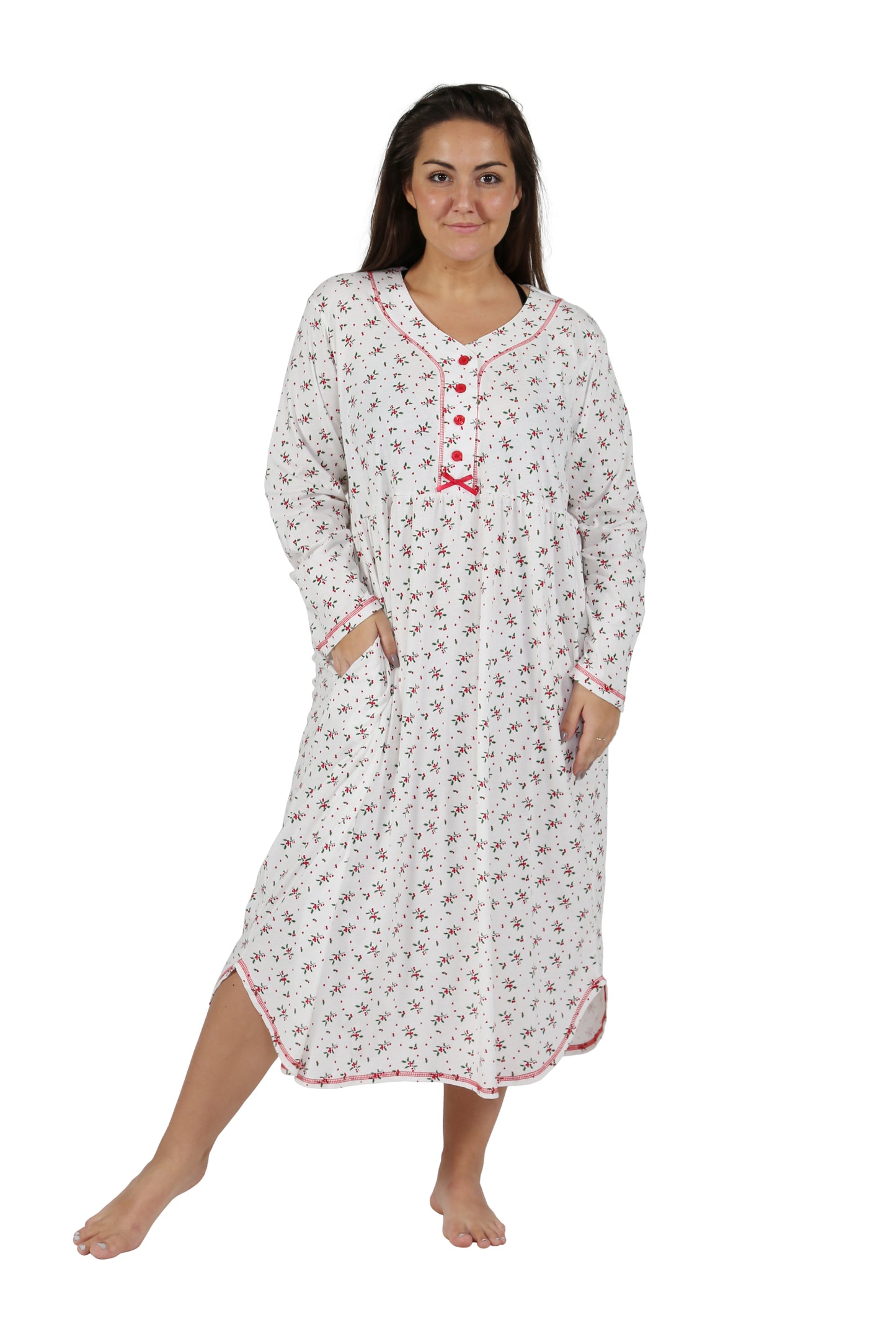 La Cera Plus Size 100% Cotton Knit Mistletoe Print Nightshirt