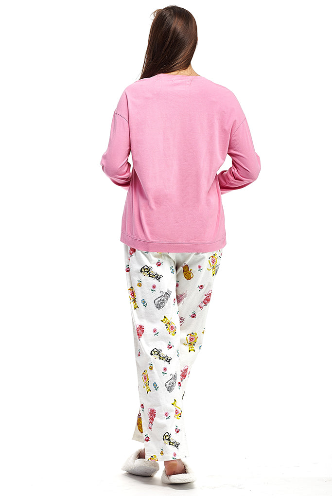 Pink Flannel Cat Print Pajama Set - La Cera