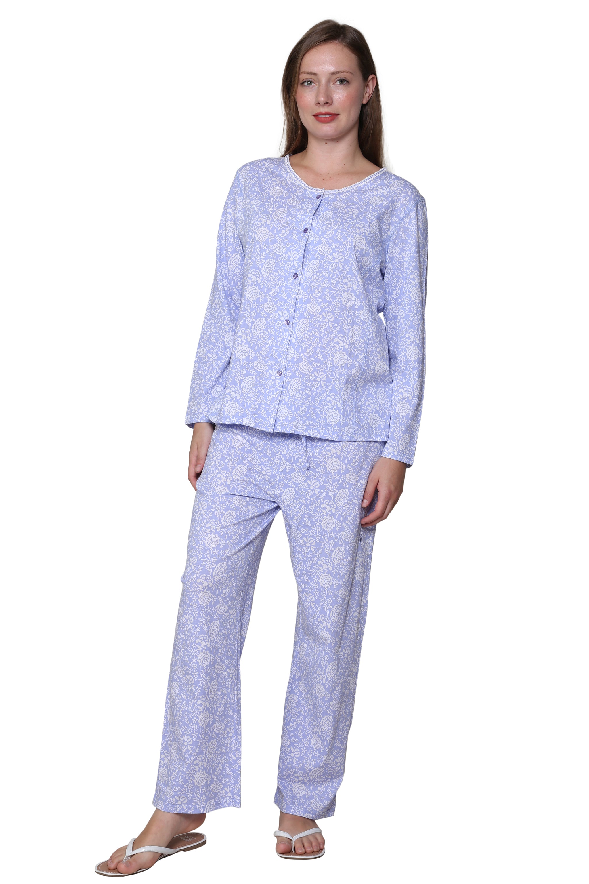 La Cera Lilac Floral Cotton Knit Pajama Set - La Cera