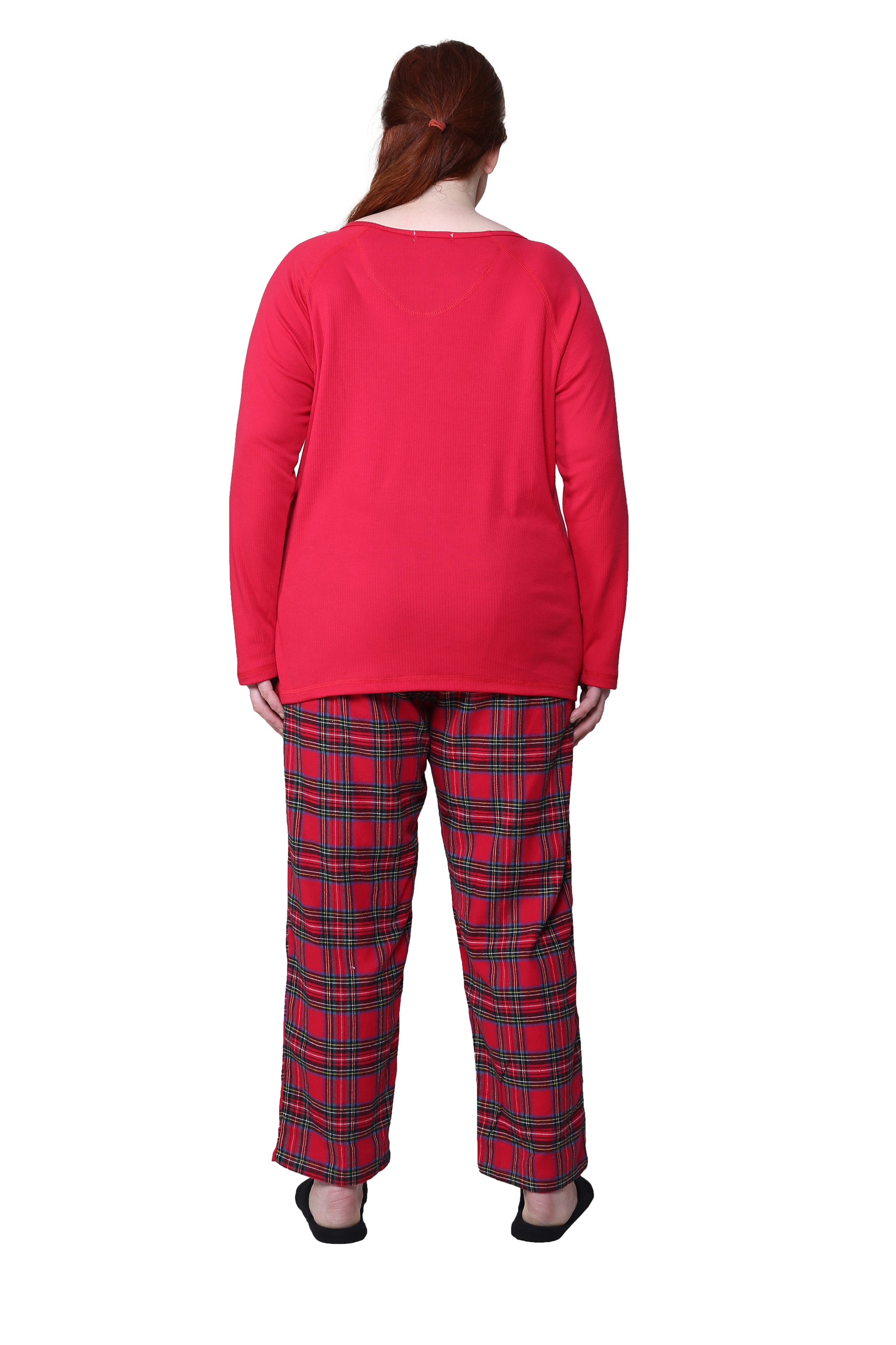 Cotton Knit Top With Flannel Pajama Set - La Cera