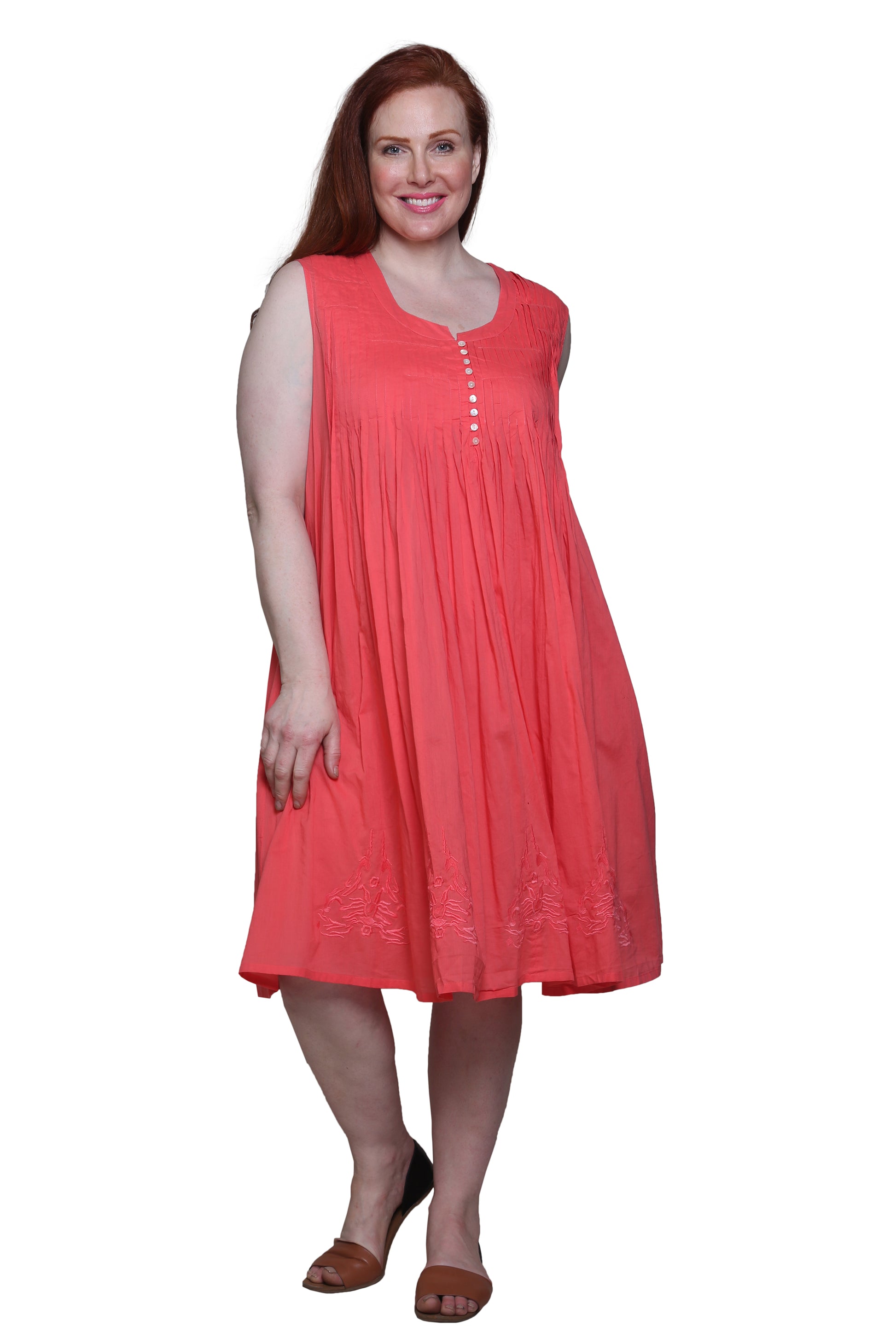 La Cera 100% Cotton Sleeveless Dress with Hem Embroidery - Plus Size - La Cera