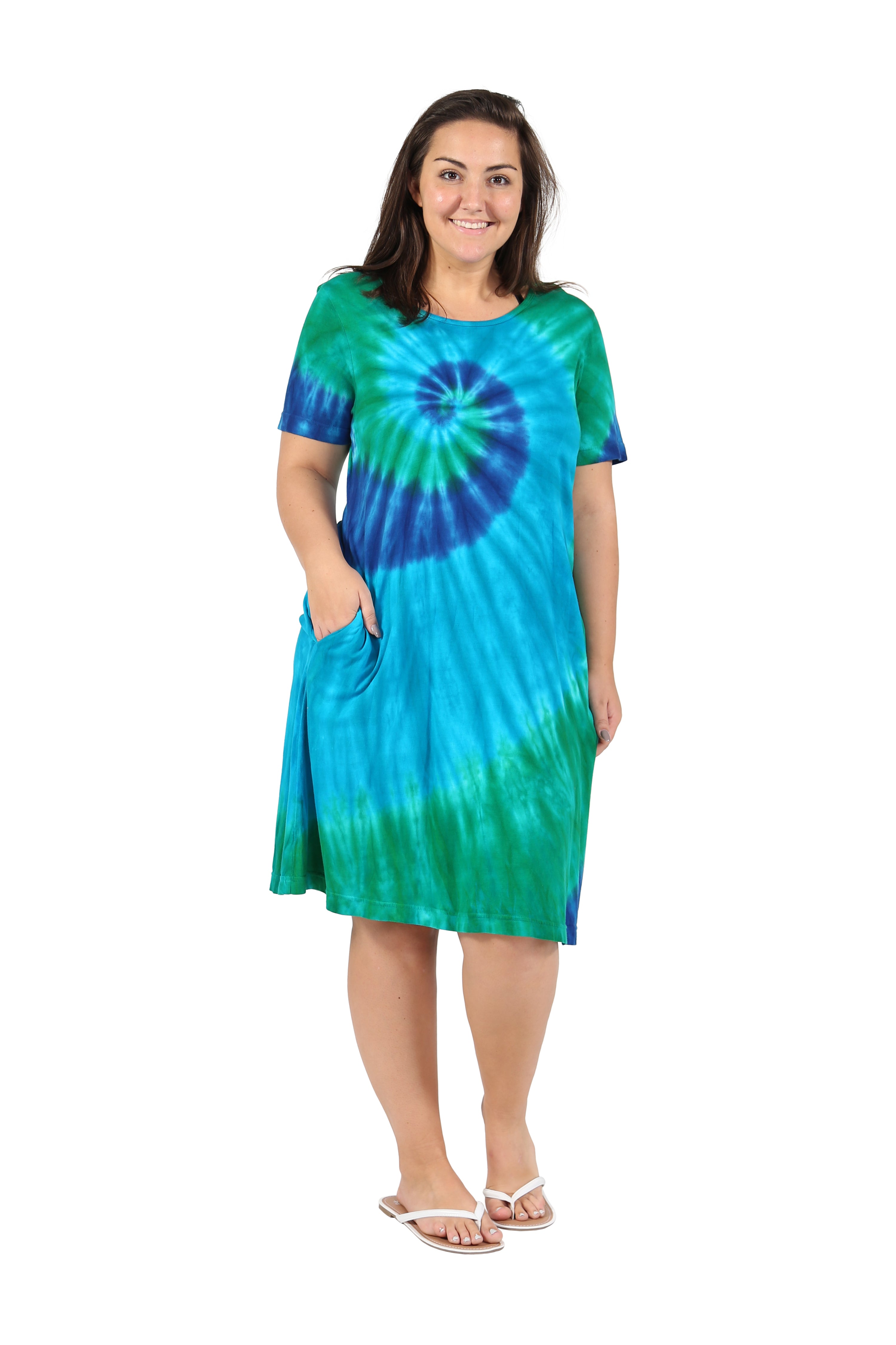 La Cera Cotton Knit Short Sleeve Blue Turquoise Tie-Dye Dress - La Cera