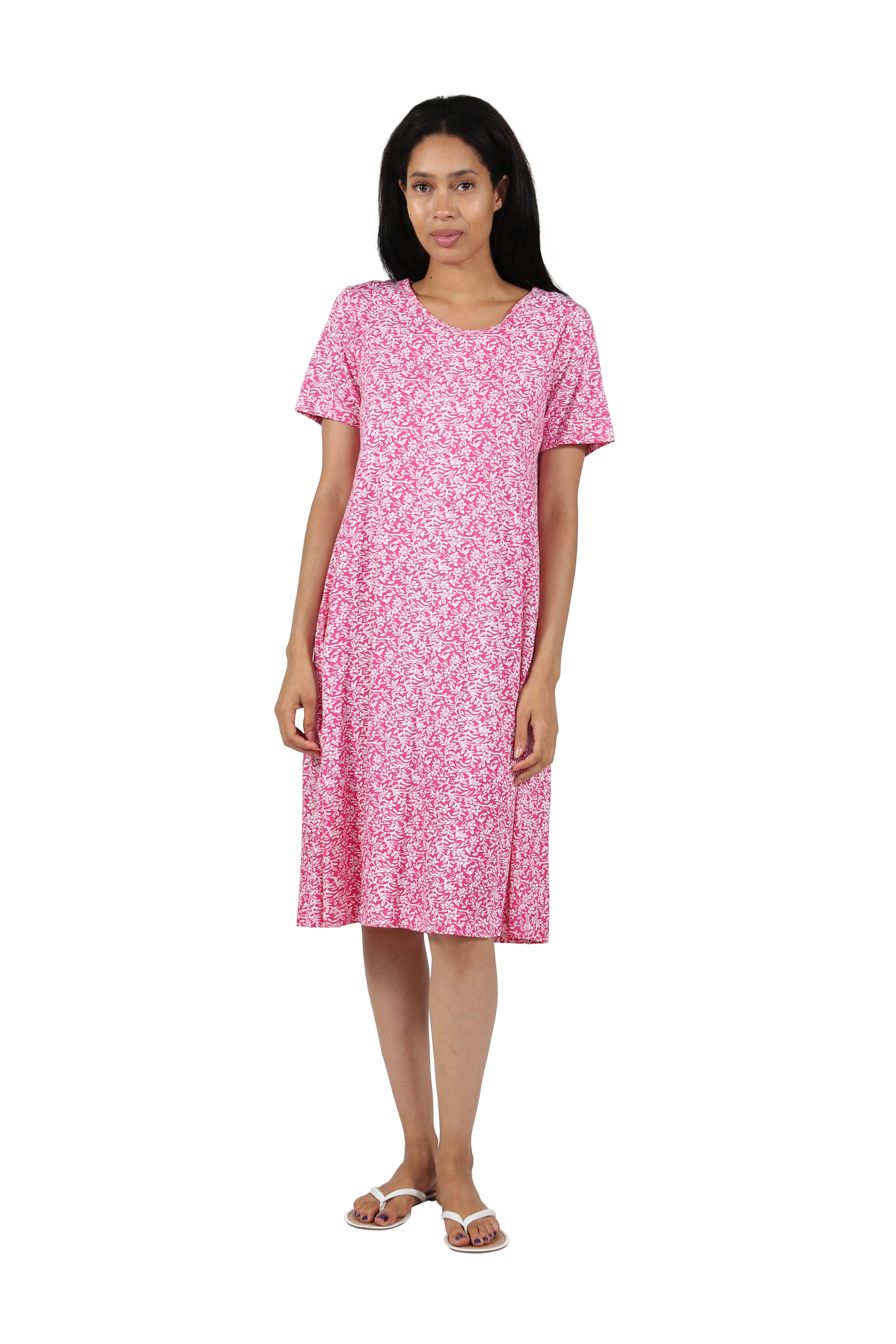 Short Sleeve Cotton Knit Floral A-Line Dress - La Cera