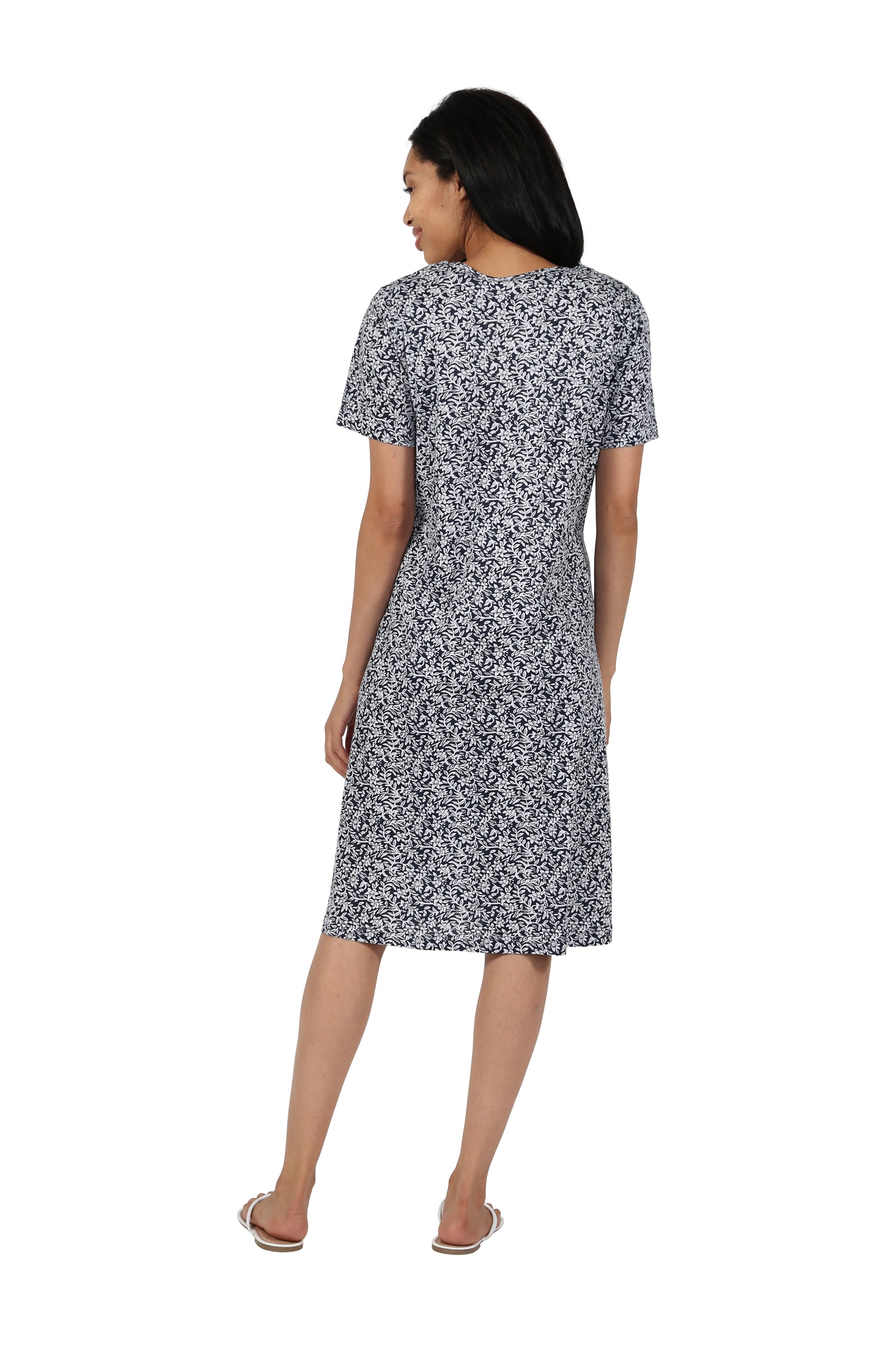 Short Sleeve Cotton Knit Floral A-Line Dress - La Cera