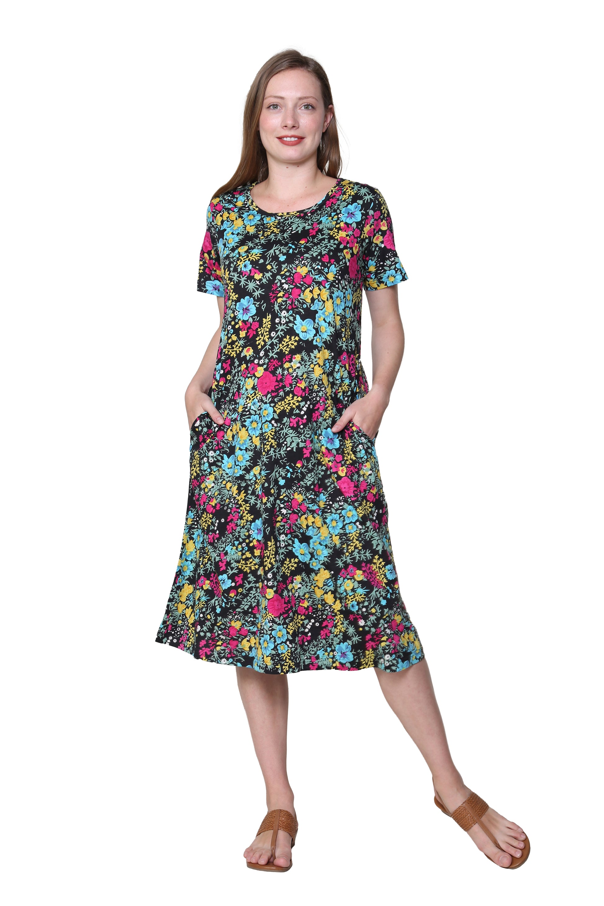 La Cera Floral Printed A-Line Knit Dress - La Cera