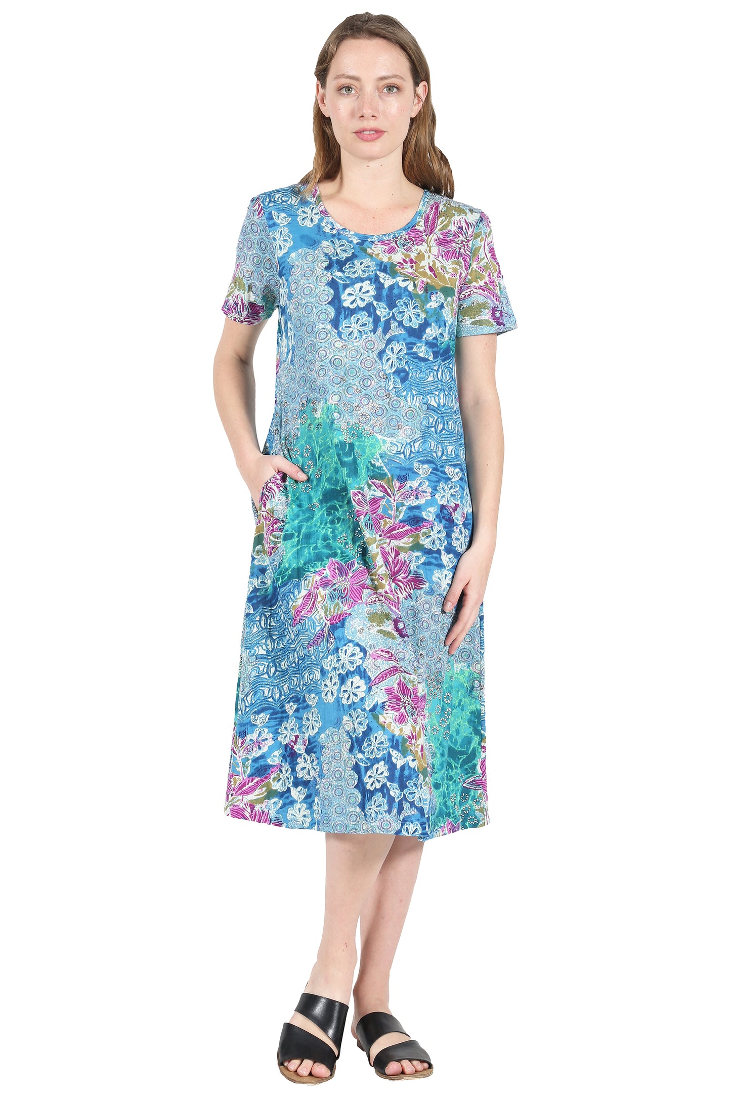 La Cera Cotton Floral Jersey Knit A-Line Dress - La Cera