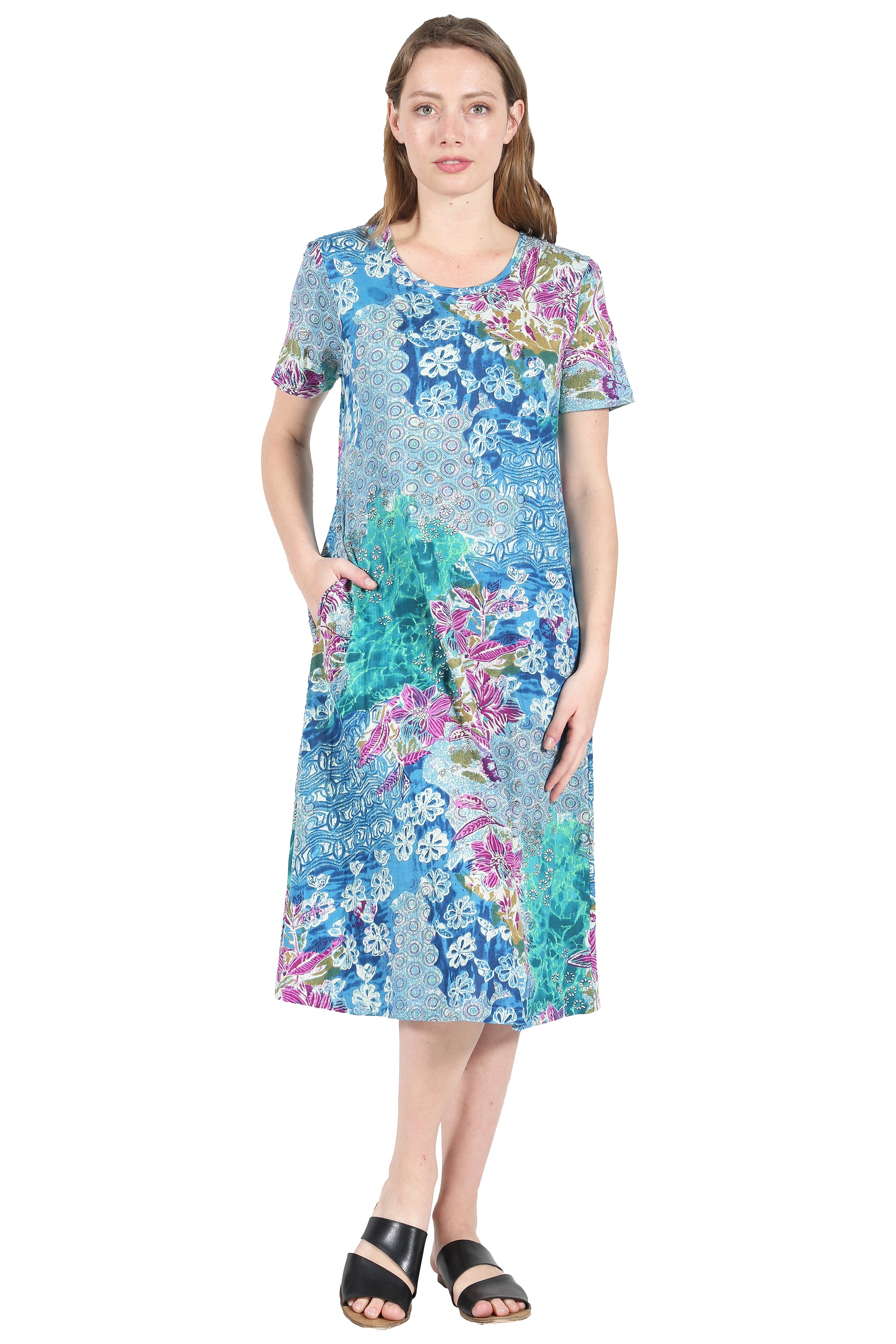 La Cera Cotton Floral Jersey Knit A-Line Dress - La Cera