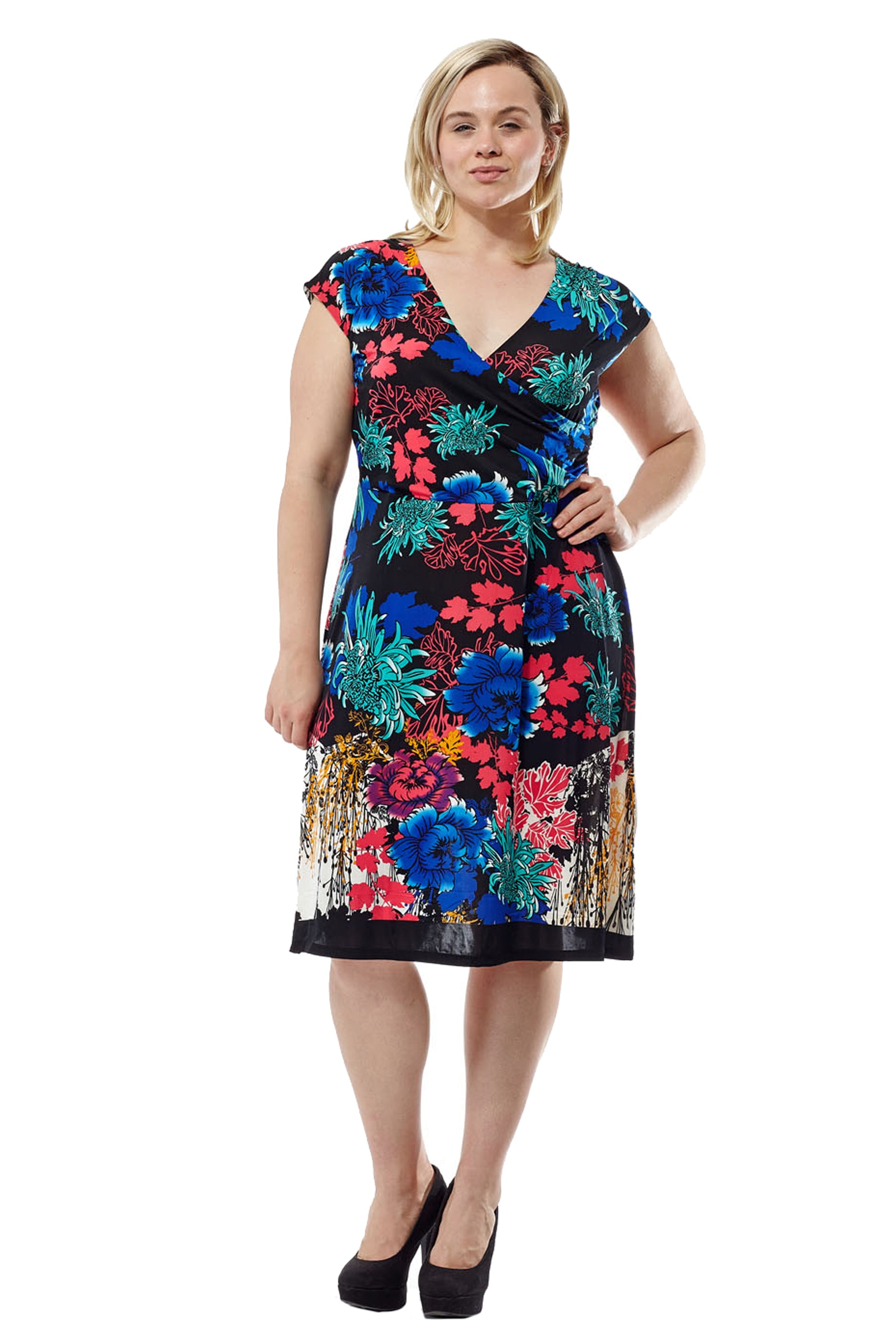 La Cera Plus Size Multi Print Cross-Over Front Dress - La Cera