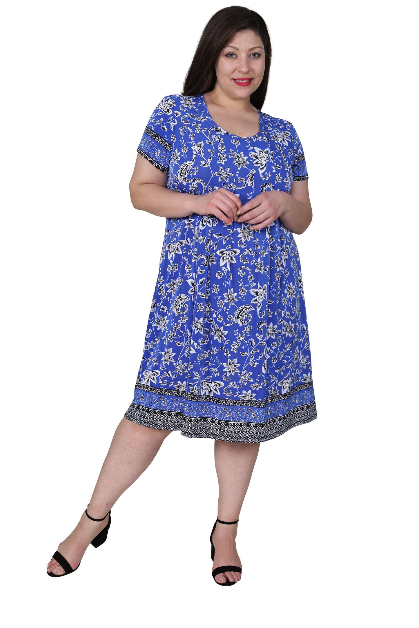 Plus Size La Cera Floral Border Print Short Sleeve Dress - La Cera