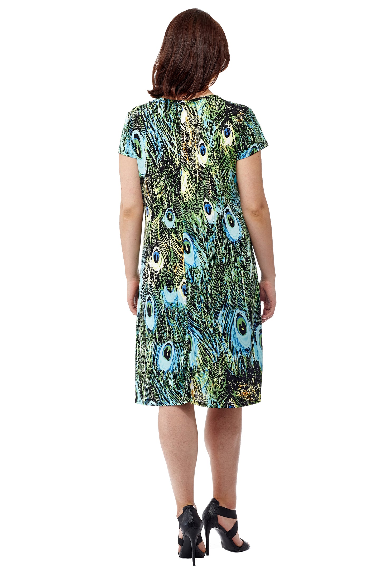 La Cera Peacock Print Short Sleeve Dress