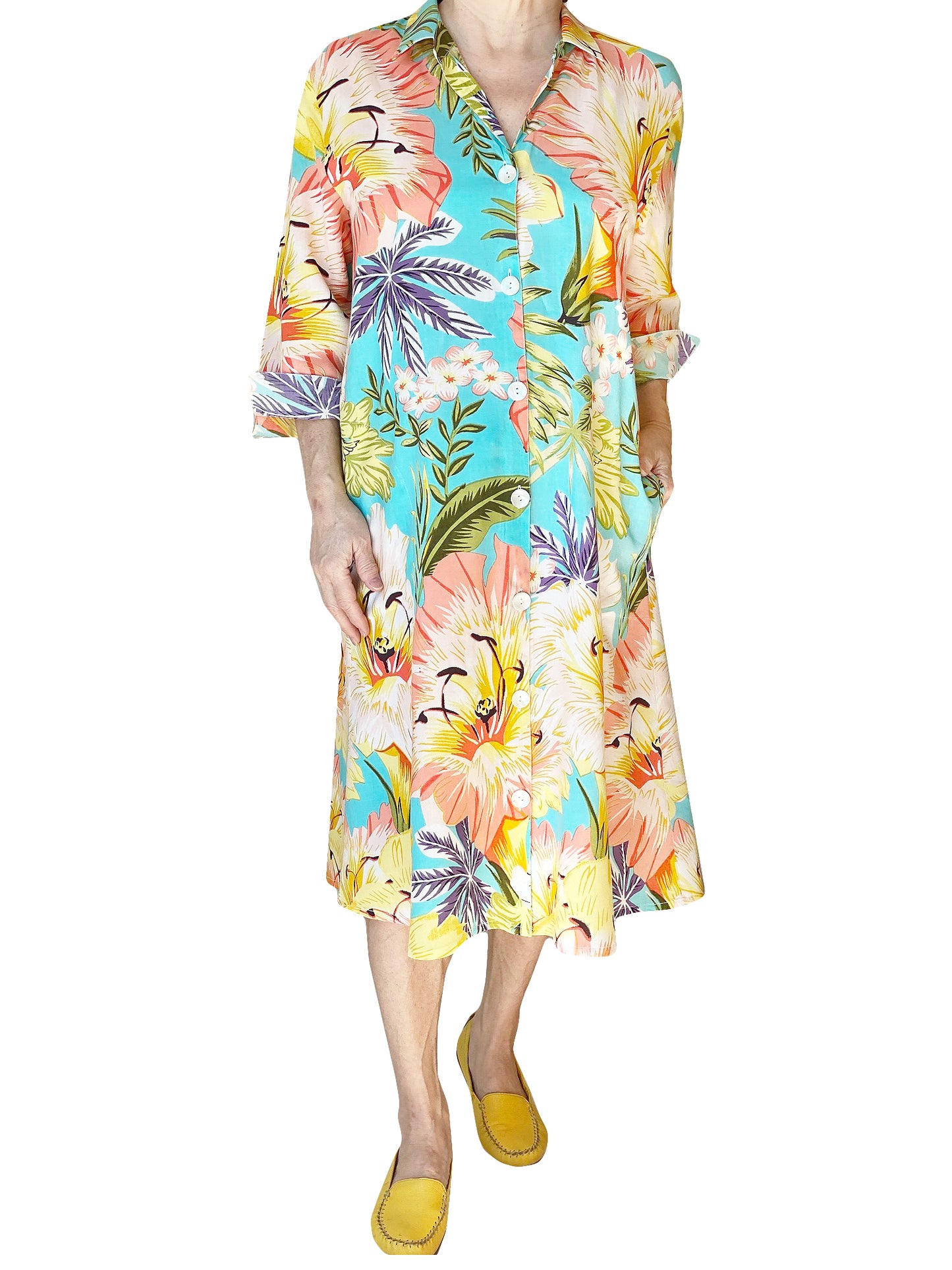 La Cera Tropical Floral Printed Button-Down Shirt Dress - Plus Size - La Cera