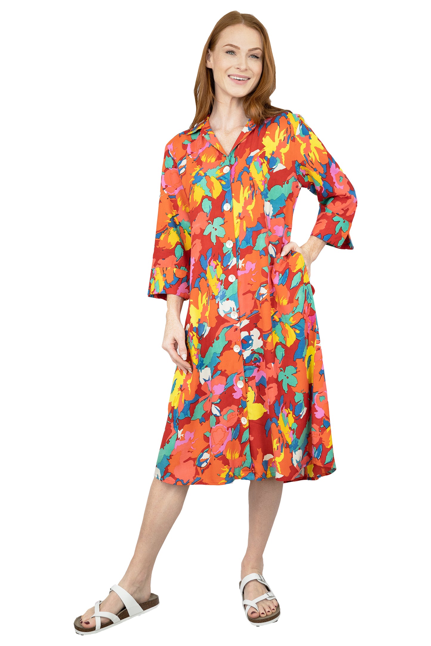 La Cera Summer Floral Printed Button Front Shirt Dress - La Cera