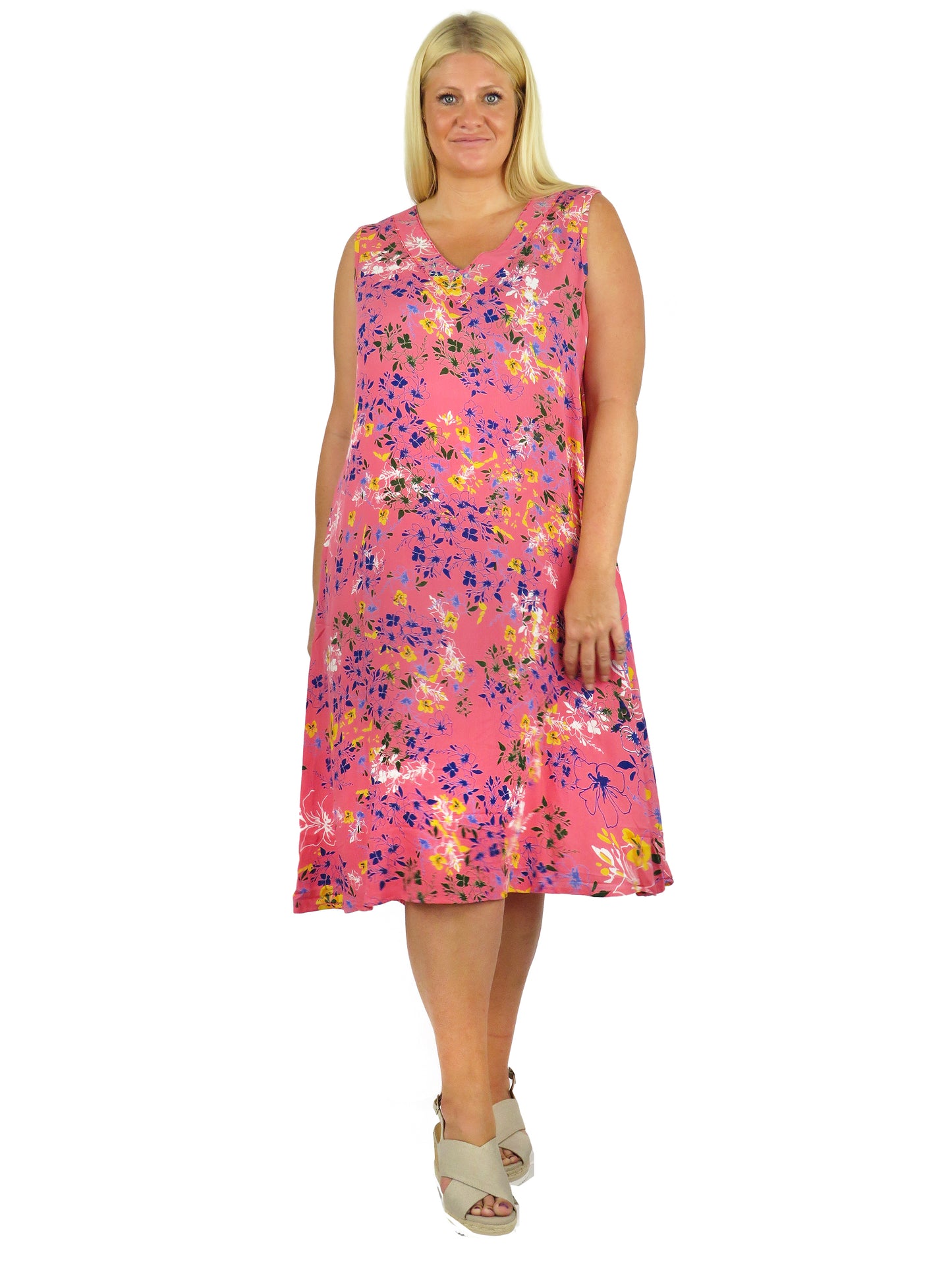Vestido floral vibrante sin mangas con cuello en V La Cera - Talla grande