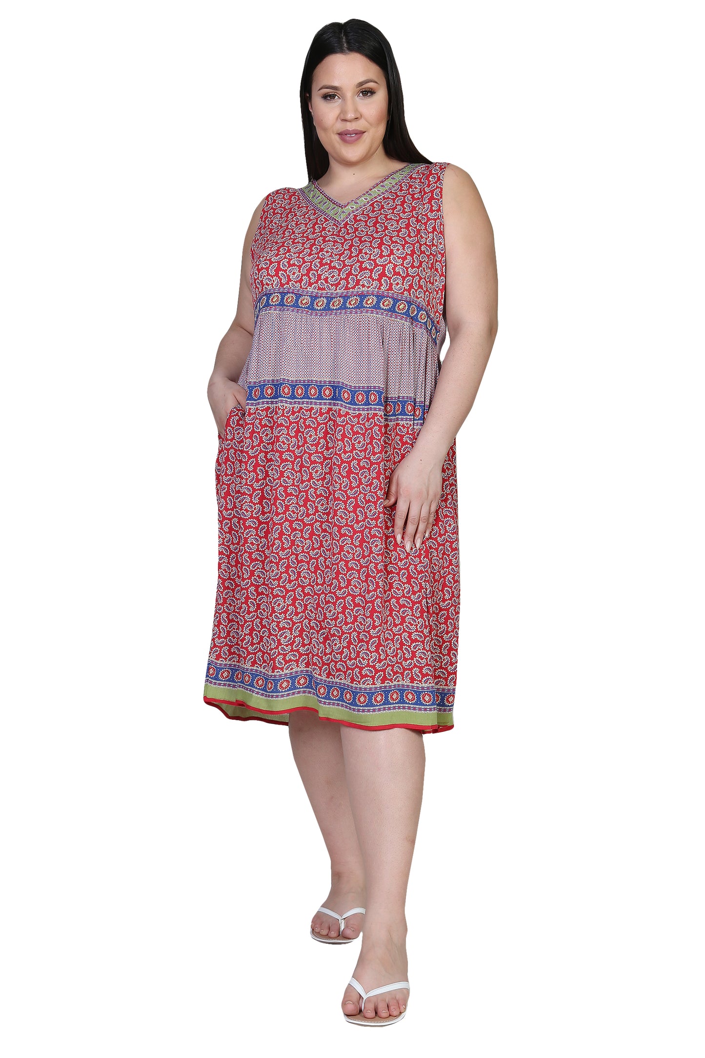 Vestido con estampado de borde de cintura imperio y escote en V de talla grande